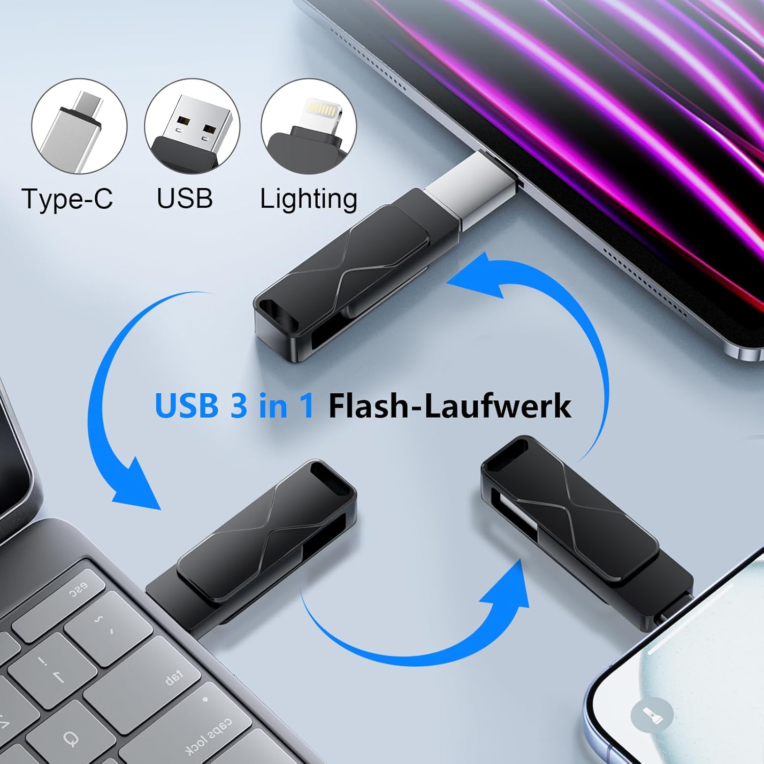Detalle de USB-Stick für iPhone 512GB: MFi-zertifiziert, Lightning 3-in-1 externes Speichern