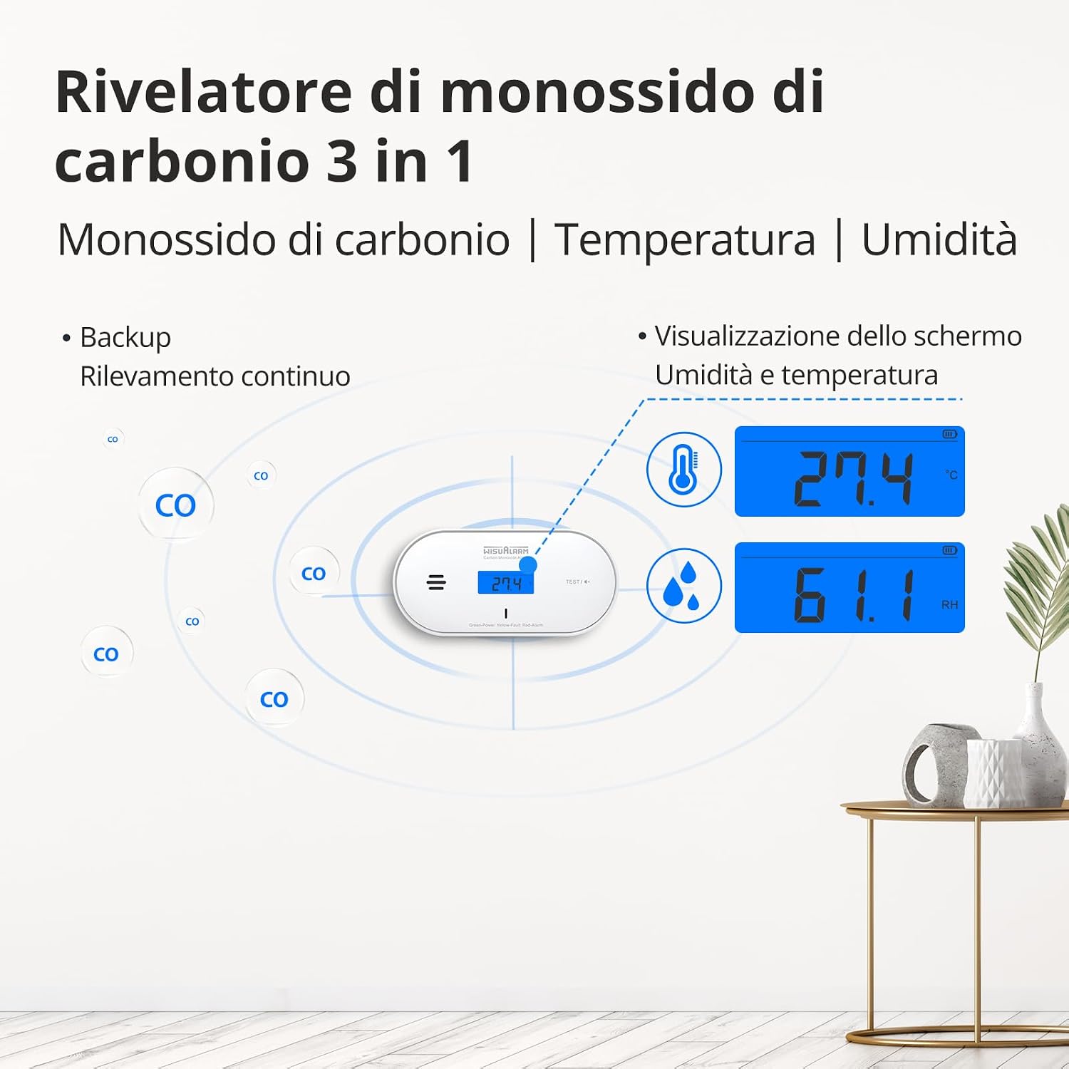 Detalle de Rilevatore di monossido di carbonio con batteria sigillata da 10 anni: monitoraggio CO, temperatura e umidità • display LCD
