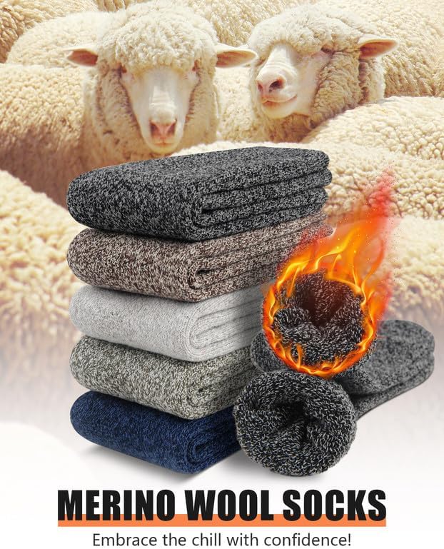 Detalle de YADIFEN Merino Wool Thermal Hiking Socks for Men, 5 Pairs, Sizes 7–13 & 13–15
