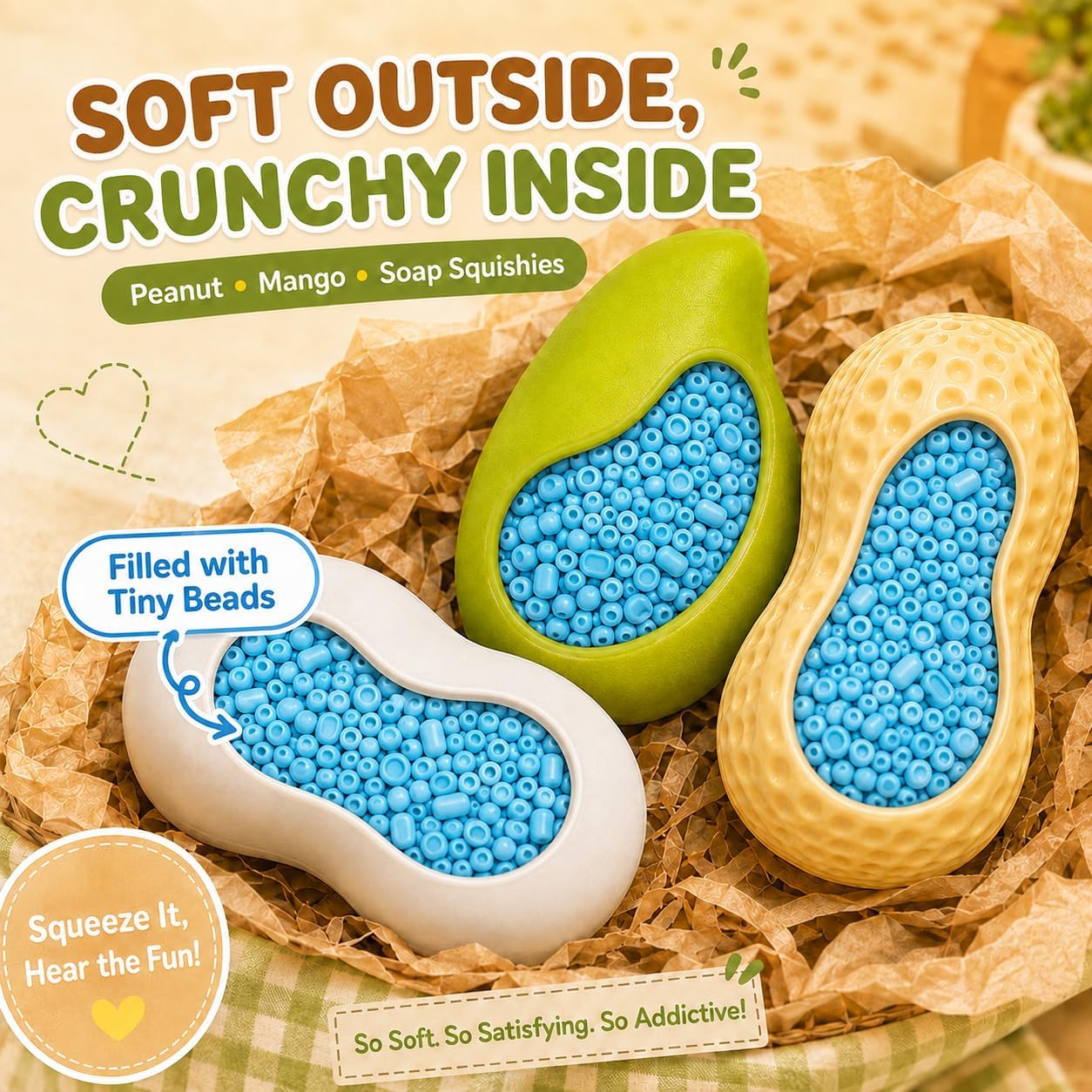 Detalle 2 de WAZNFYV 3-Pack Crunchy Squishy Toys, Mango, Peanut & Soap Shapes