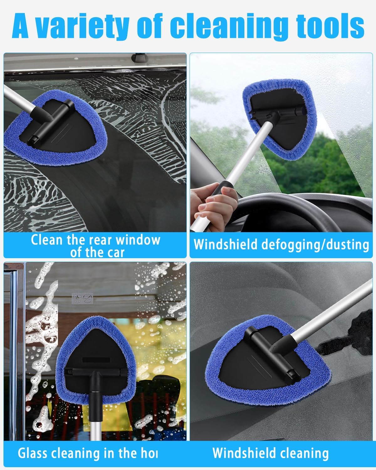 Detalle 2 de Huifoo Auto-Scheibenreiniger-Set mit ausziehbarem Griff, 180°-Drehkopf, 6 Mikrofaserpads und Sprühflasche (blau)