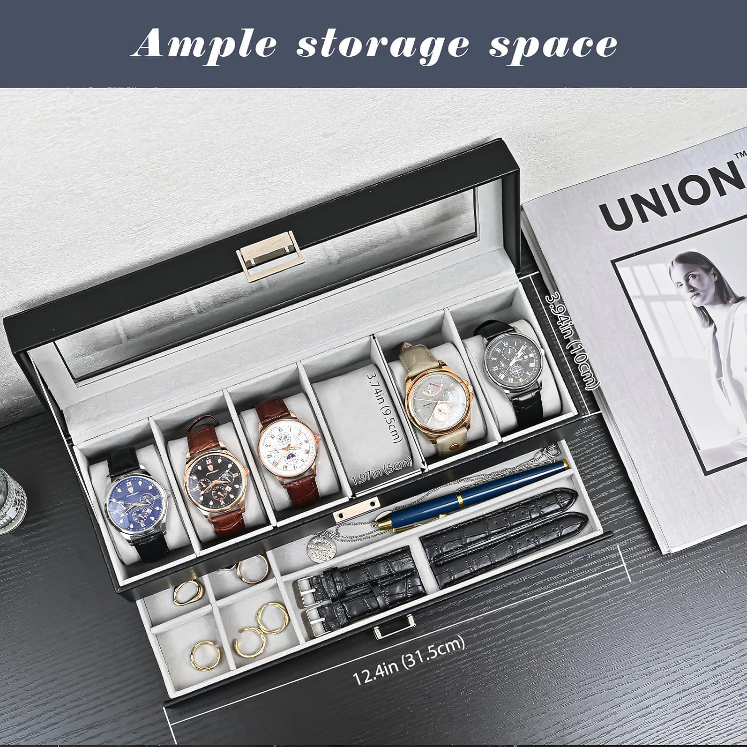 Detalle de ProCase 2 Ebenen Uhrenbox mit Glasdeckel – 6 Fächer, robustes PU-Leder Gehäuse & Schublade