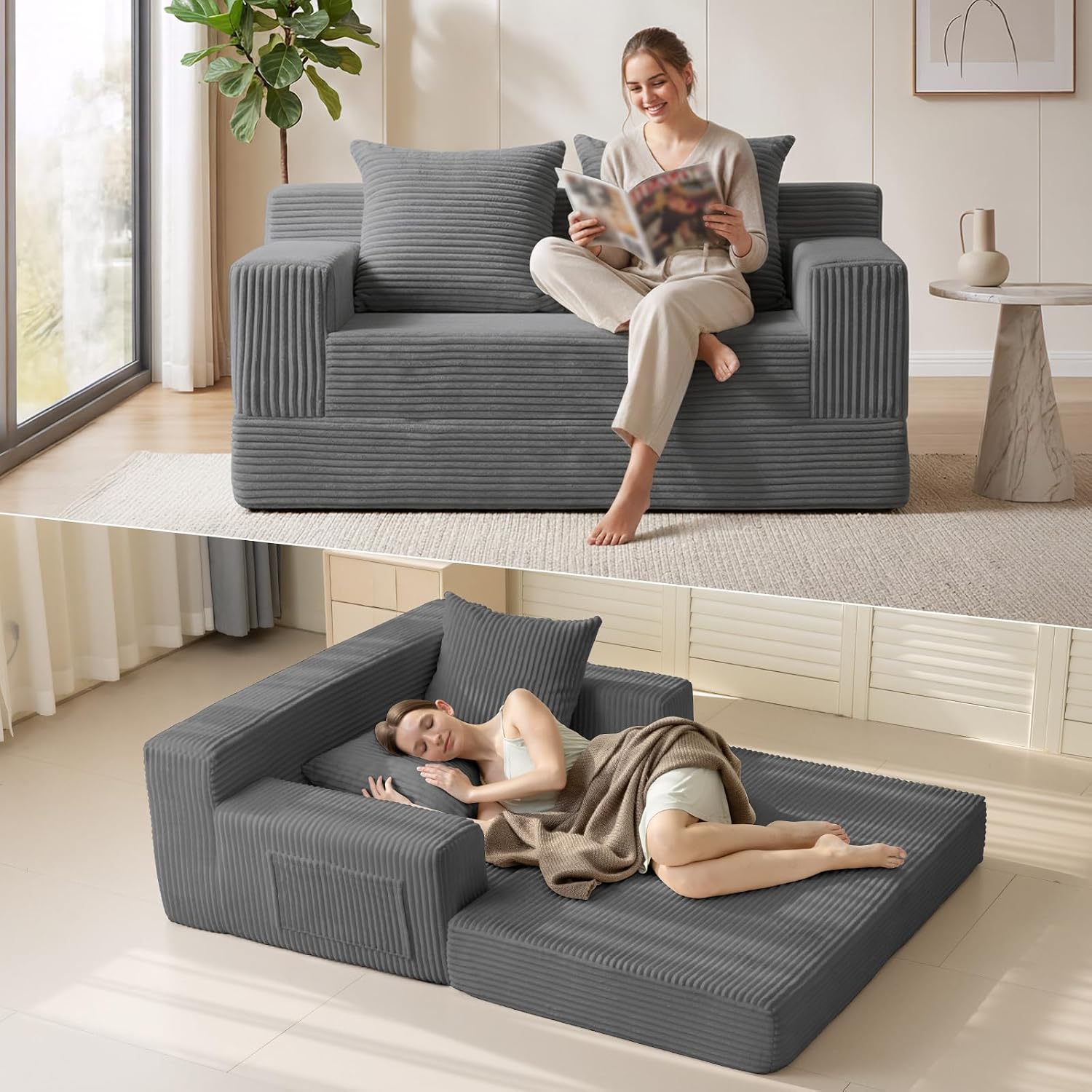Thumbnail 3 de Erament Convertible Sofa Bed Loveseat, Gray Corduroy, Folding Memory Foam