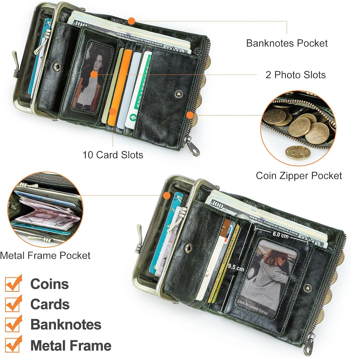 Thumbnail 6 de CONTACTS Women’s RFID Wallet with Kiss Lock – genuine leather compact bifold coin purse with zip & card slots in dark green