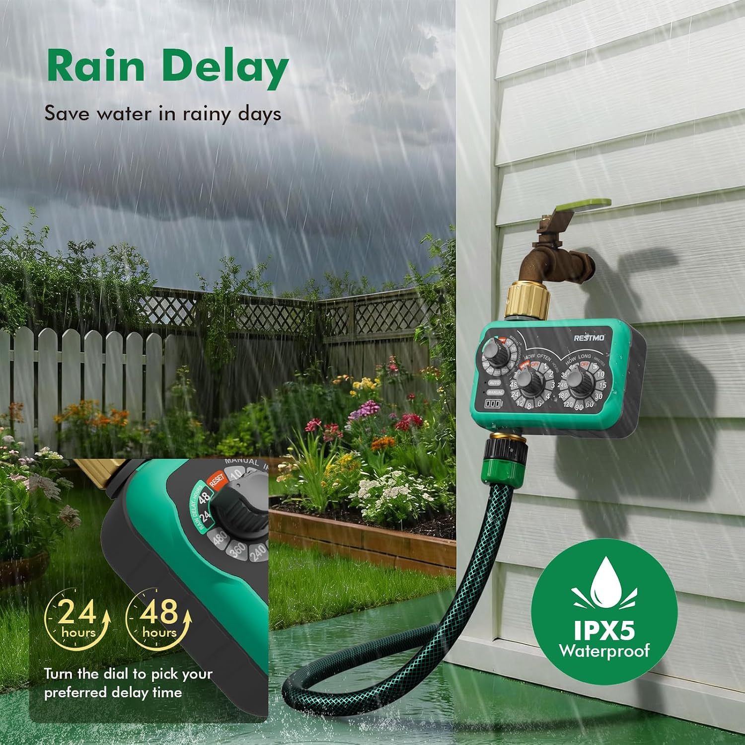 Detalle 2 de Restmo 3-Dial Analog Water Timer with Brass Inlet & Outlet (480 Minutes Max)