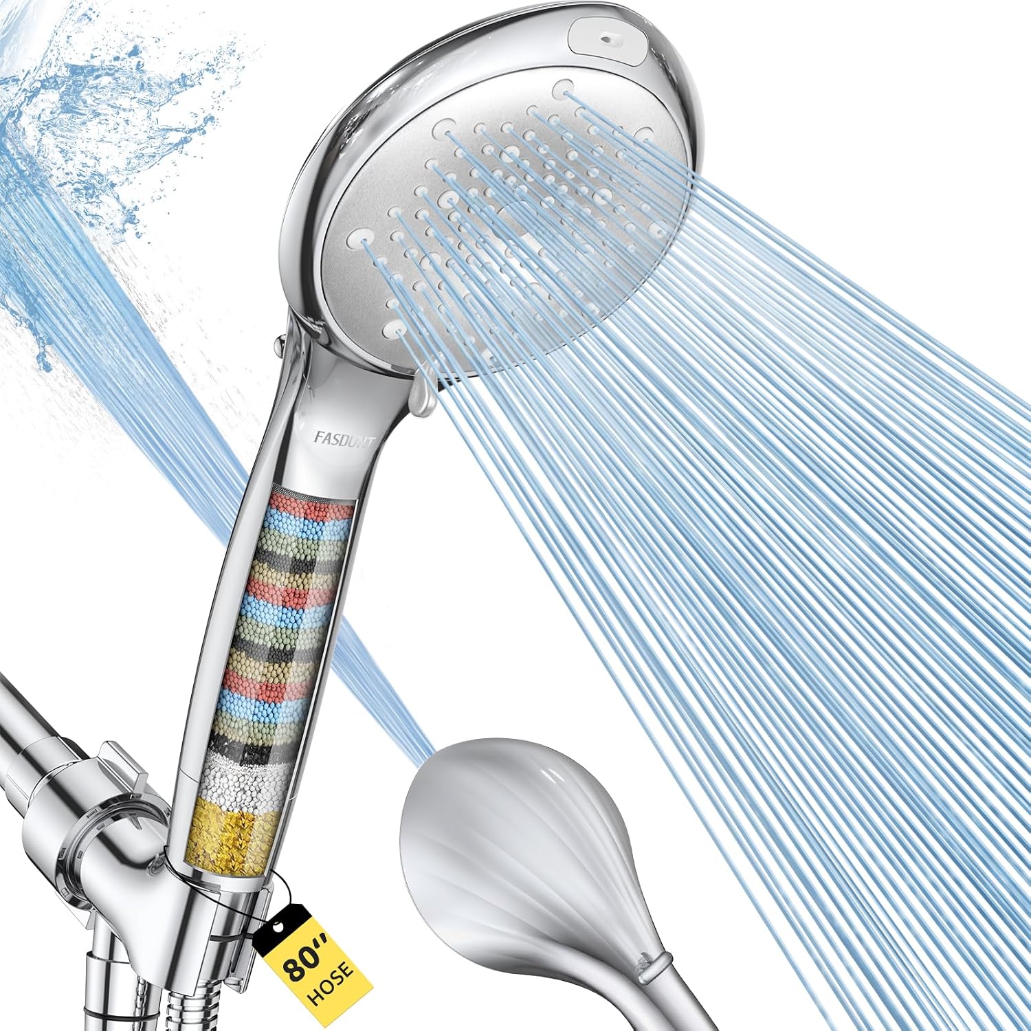 Detalle de FASDUNT CY1 Filtered Handheld Shower Head, 8 Spray Settings, Chrome