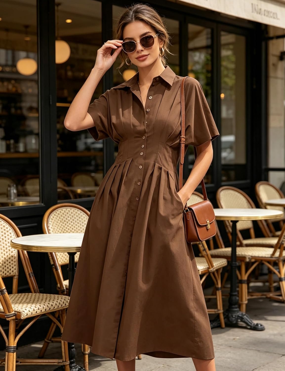 Thumbnail 4 de Yeokou Shirt Dress for Women: Pleated Maxi with Pockets, Summer Casual Button-Down