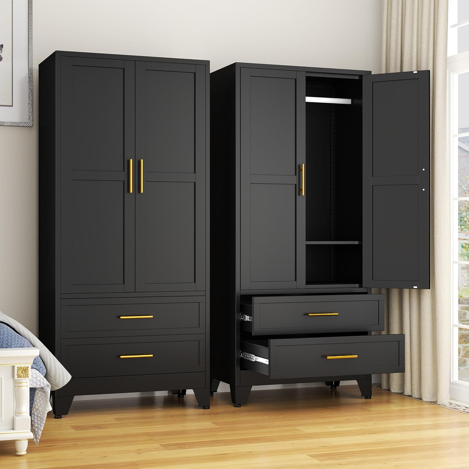 Detalle de GAIOUS Tall 2Drawer B Metal Wardrobe Cabinet with Hanging Rod and 2 Drawers