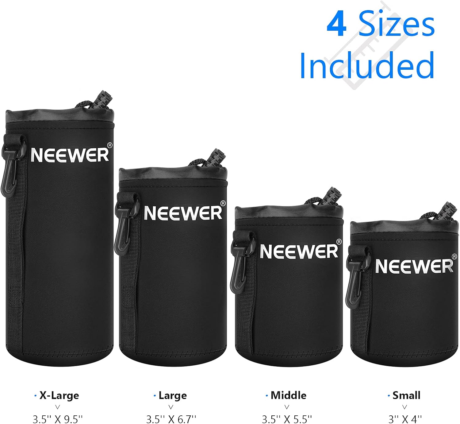 Detalle de Neewer Pack de 4 housses d’objectif en néoprène (petit, moyen, grand, XL) pour reflex et sans miroir
