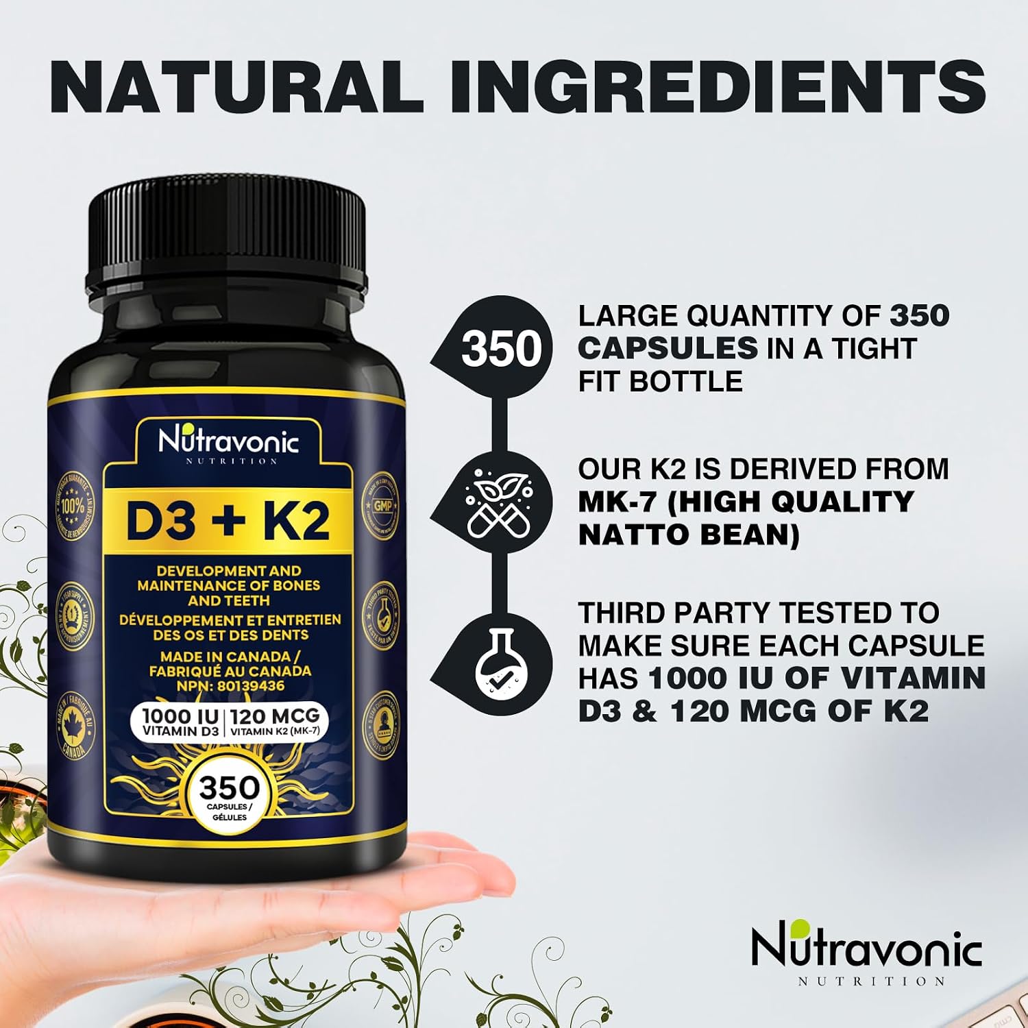 Detalle de Nutravonic Nutrition Vitamin D3 + K2, 1,000 IU, MK-7, 350 Capsules