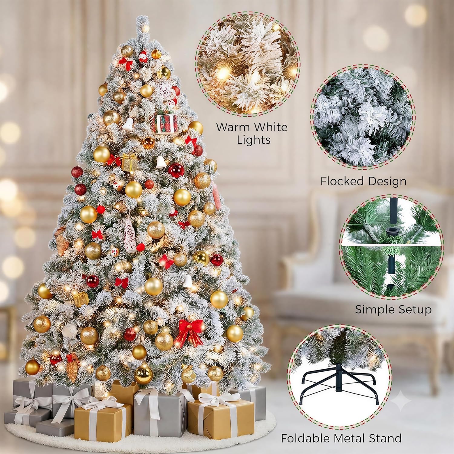 Detalle 2 de Yaheetech HWOA-100/2FR(0.2A) Snow-Flocked Pre-Lit Christmas Tree, 250 Lights