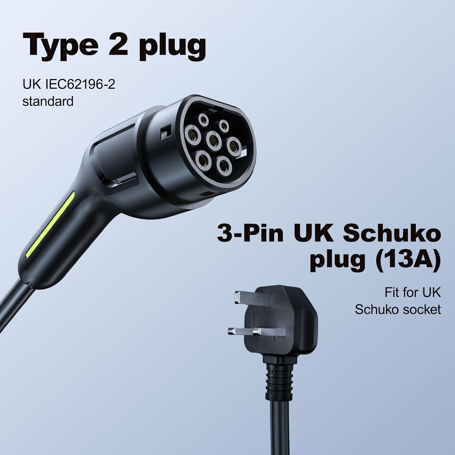 Detalle de VDLPOWERVP EV Charger 3kW Type 2 to 3 Pin Plug — 8m Portable EV Charger for UK
