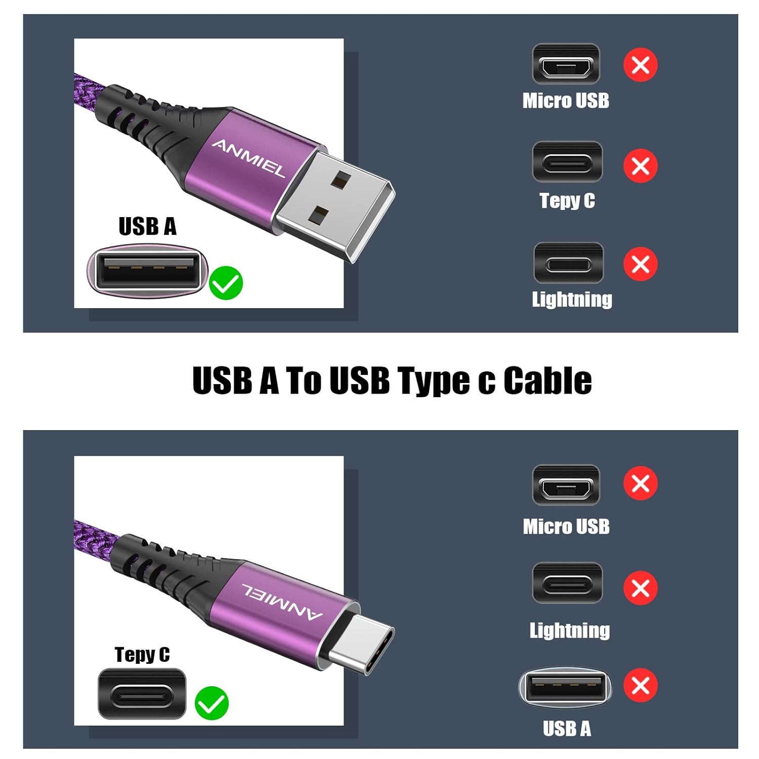 Detalle de ANMIEL USB‑C‑Kabel (2er‑Pack, 3 m) mit bis zu 3 A Schnellladung – lila, 10 ft Nylon geflochten
