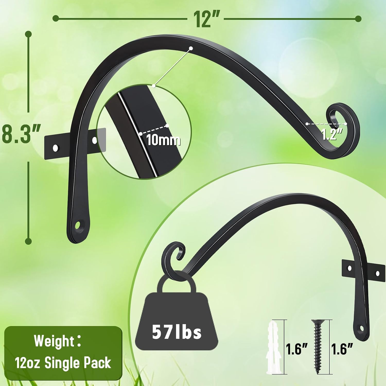 Detalle 2 de FEED GARDEN BJC-CBG-12IN-2 Wall-Mounted Plant Hooks, 12-Inch, Black, 2-Pack