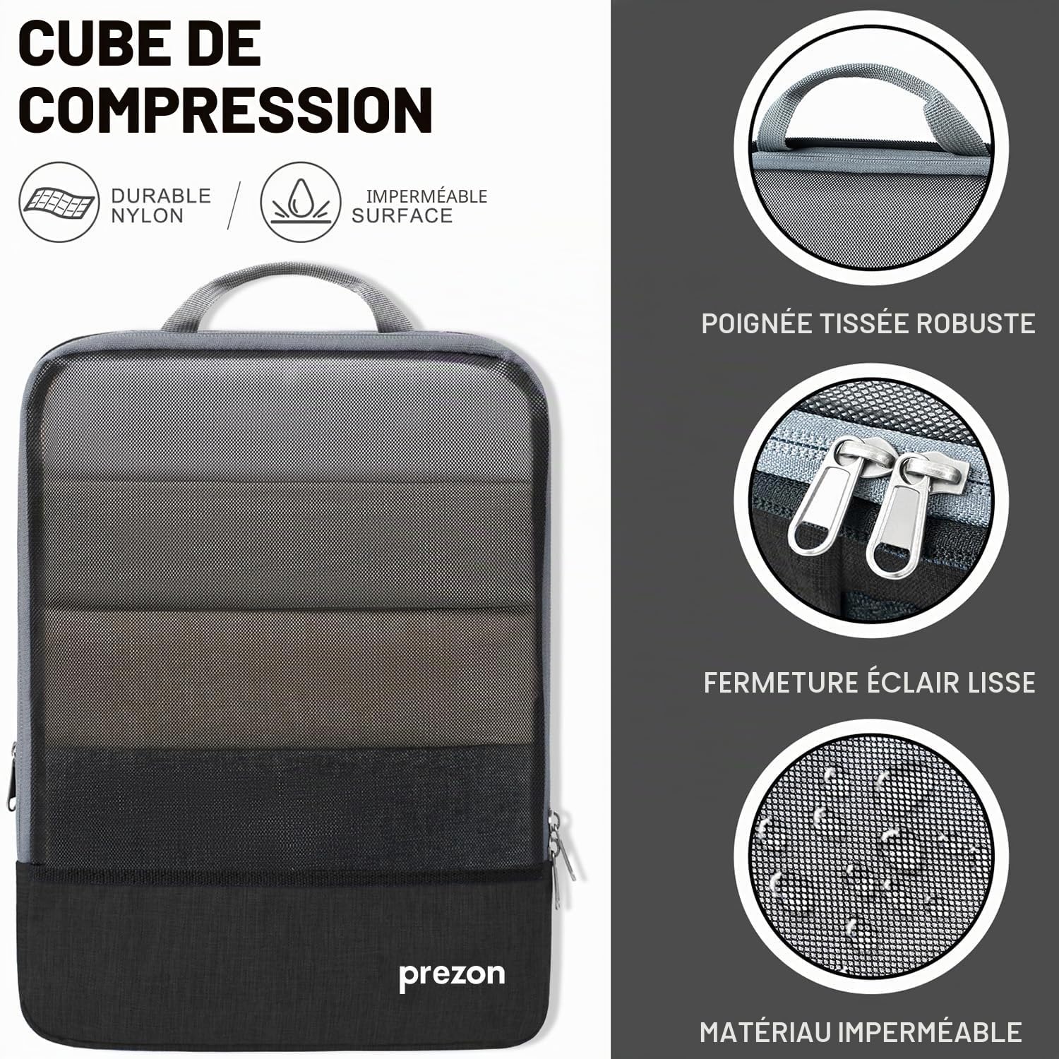 Thumbnail 2 de Prezon Lot de 6 cubes de rangement compressibles – Organisateurs extensibles pour valise, mesh TPU noir
