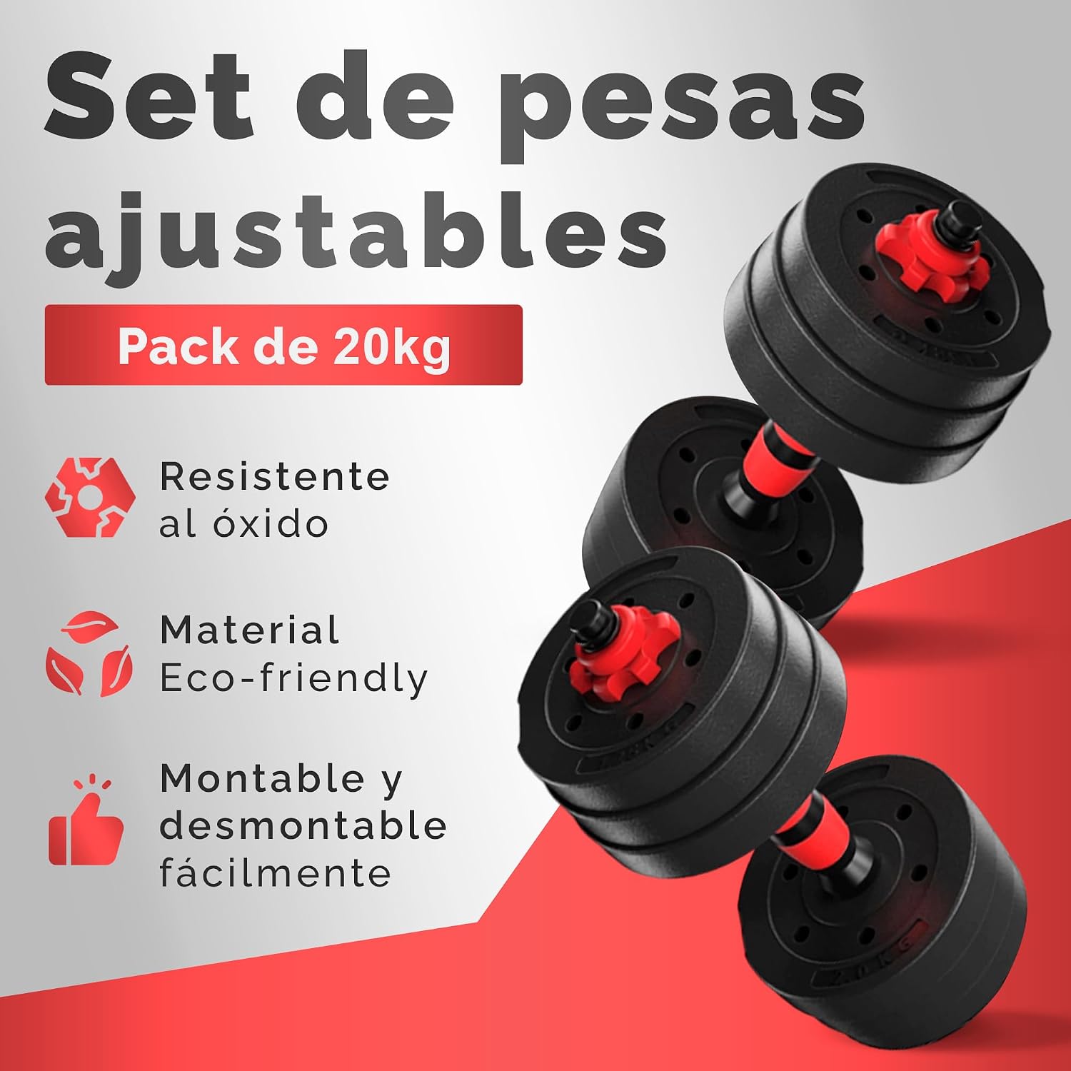 Detalle 2 de JUPPLIES Juego de Mancuernas Ajustables 2 en 1 – Kit 20 kg con Barra Recta, Discos Recubiertos y Agarre Antideslizante