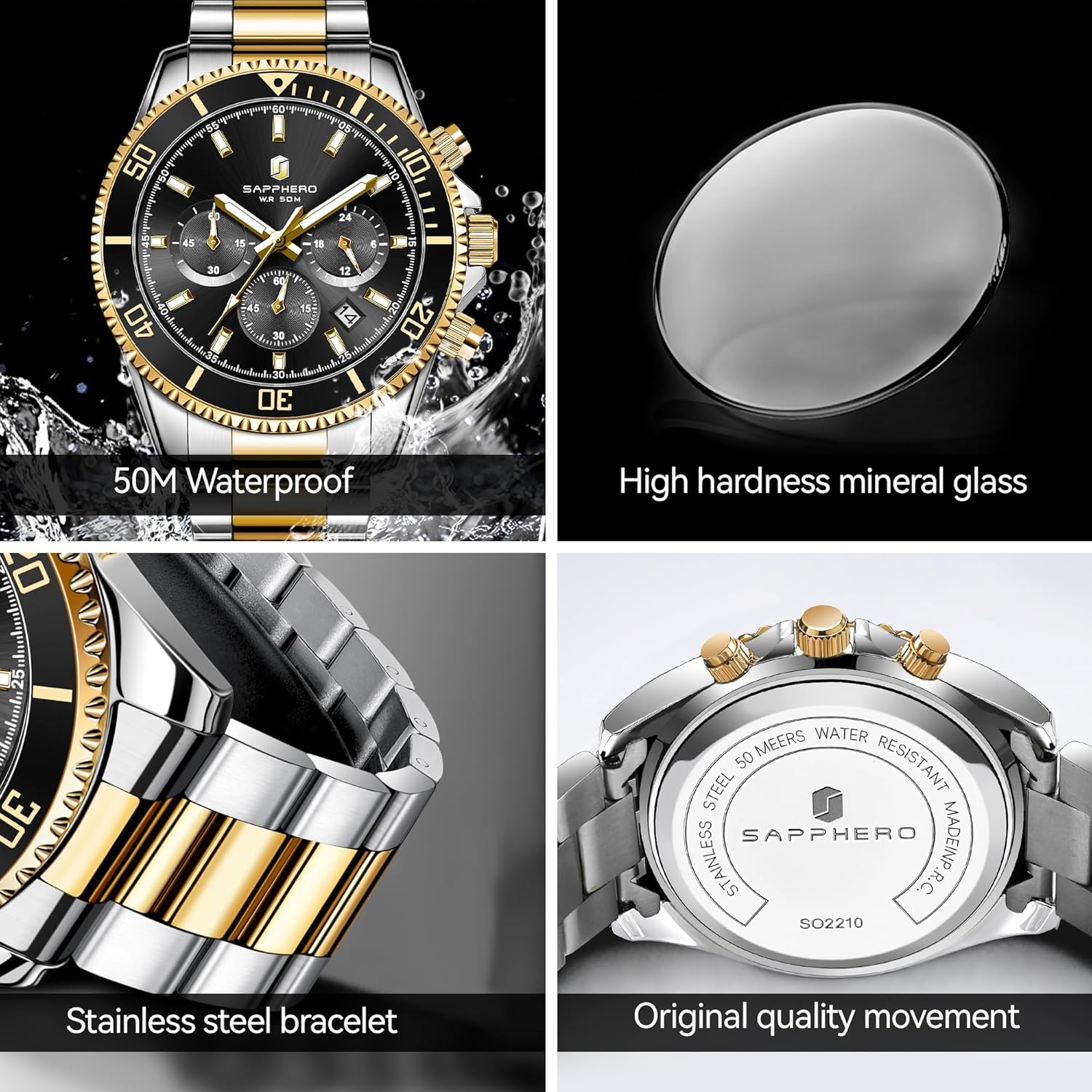 Thumbnail 3 de SAPPHERO Montre Homme en Acier Inoxydable Chronographe 42 mm – Luxe et sobriété
