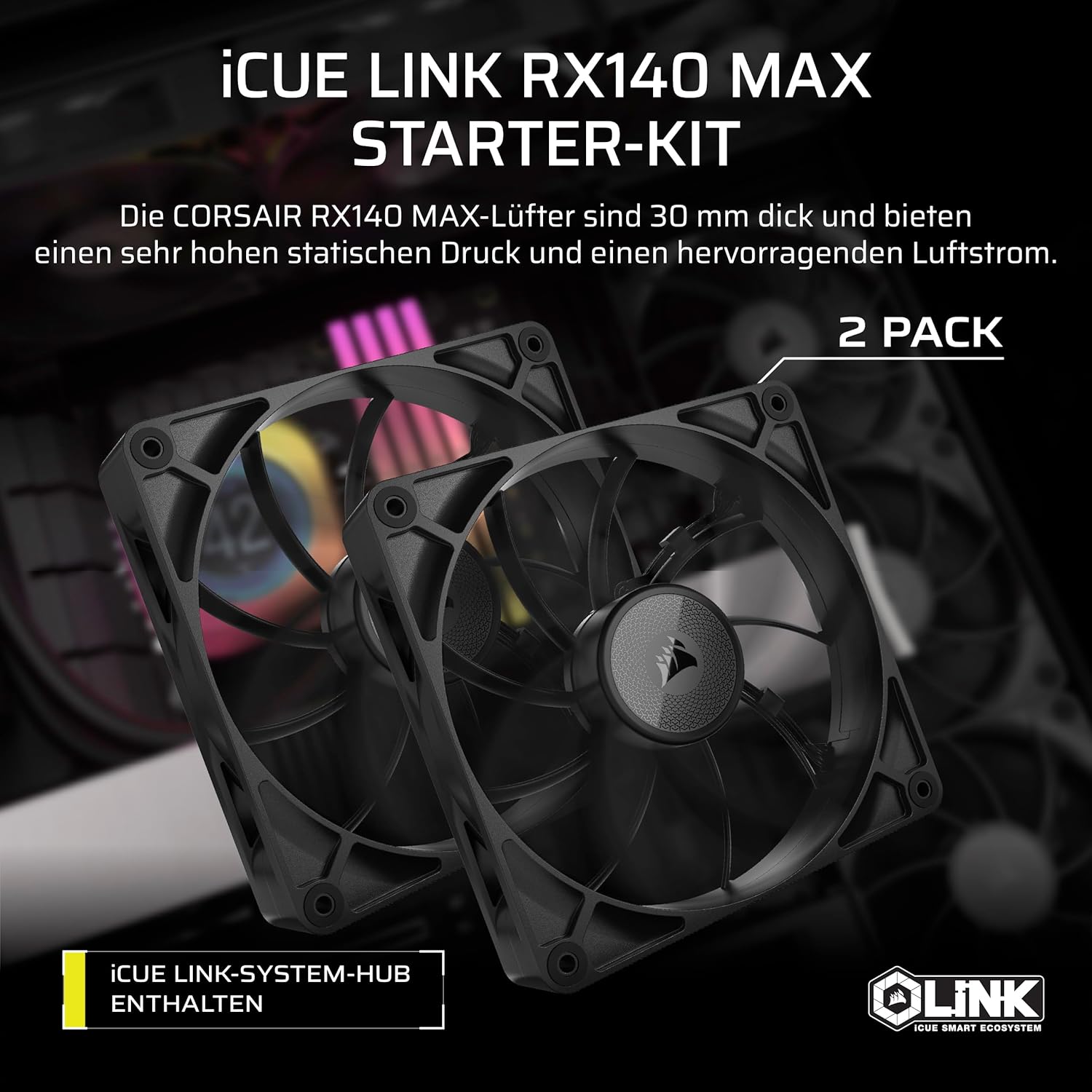 Thumbnail 1 de CORSAIR iCUE LINK RX140 MAX 140mm PWM Doppelpack mit iCUE LINK System Hub