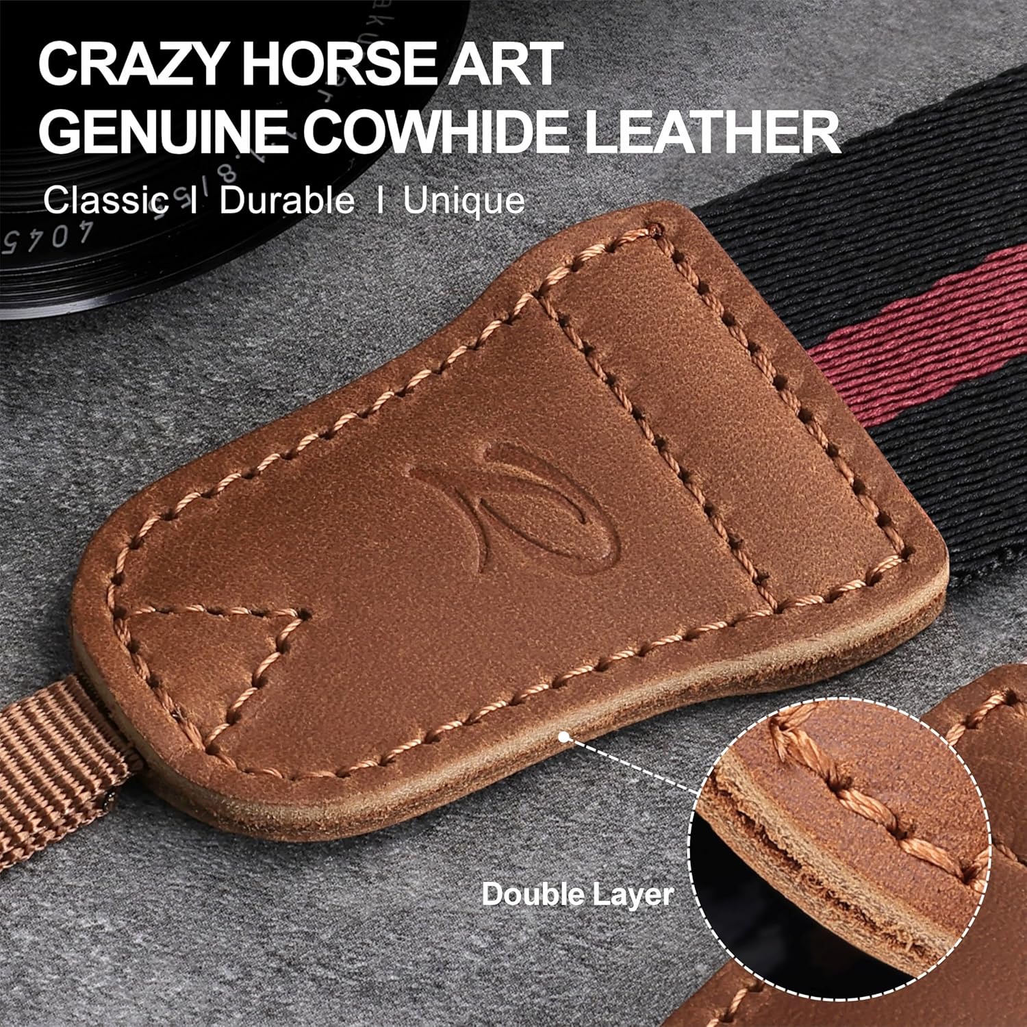 Detalle de Padwa Lifestyle Stripes Red Black Camera Strap – Double Layer Crazy Horse Cowhide Ends