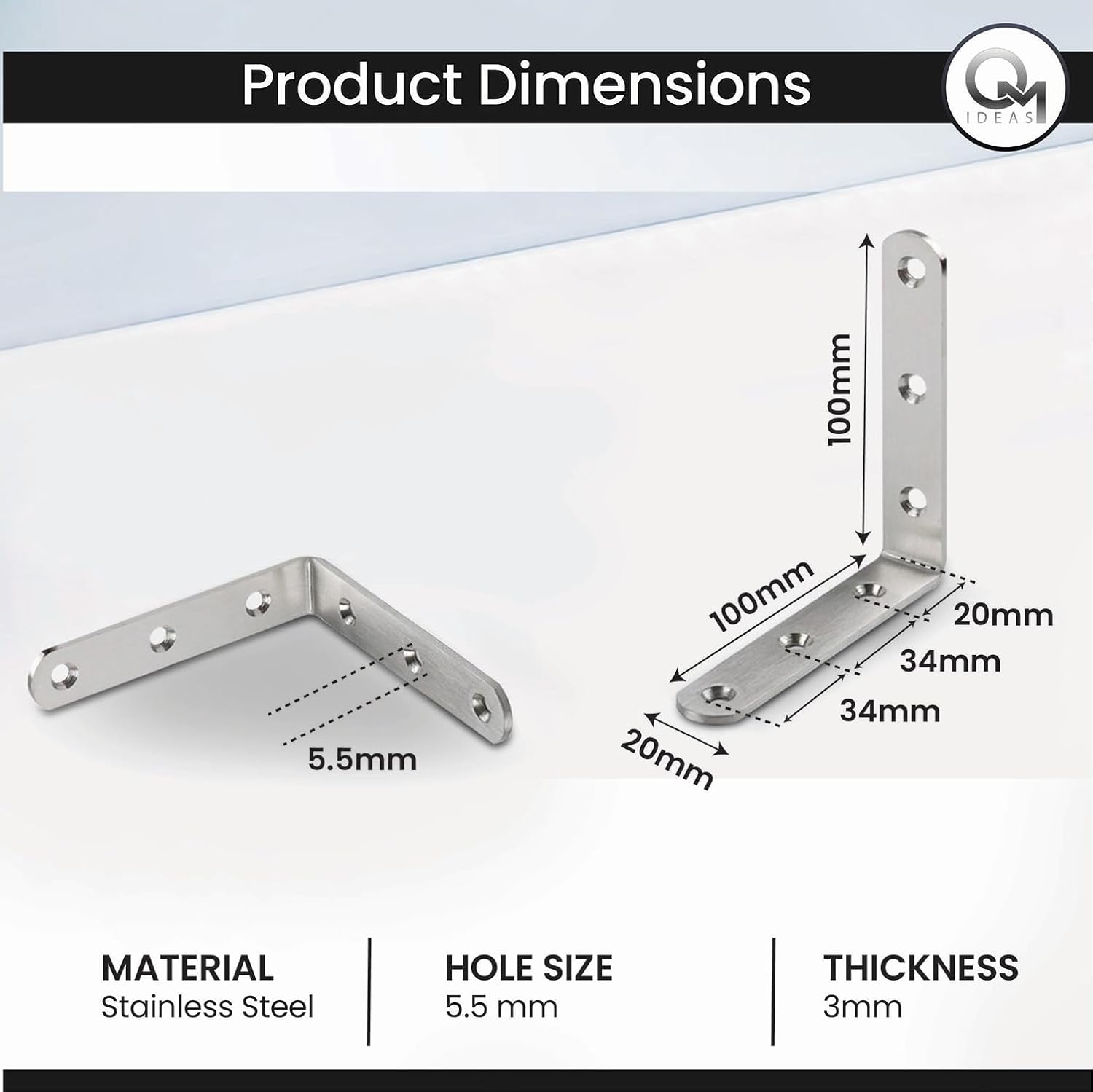 Detalle de OMIDEAS set of 8 stainless steel 90° angle brackets (100 x 100 x 20mm) with screws