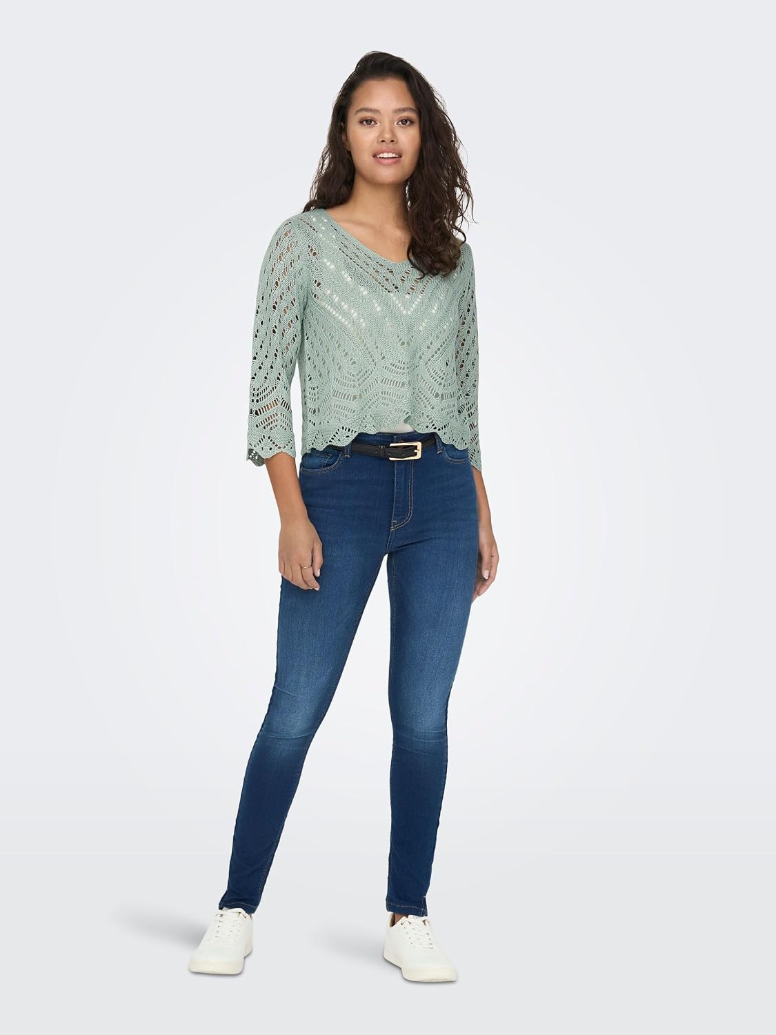 Detalle de JDY Damen Jdynew Sun 3/4 Cropped Pullover KNT Noos Gehäkeltes Hemd Mit V-Ausschnitt