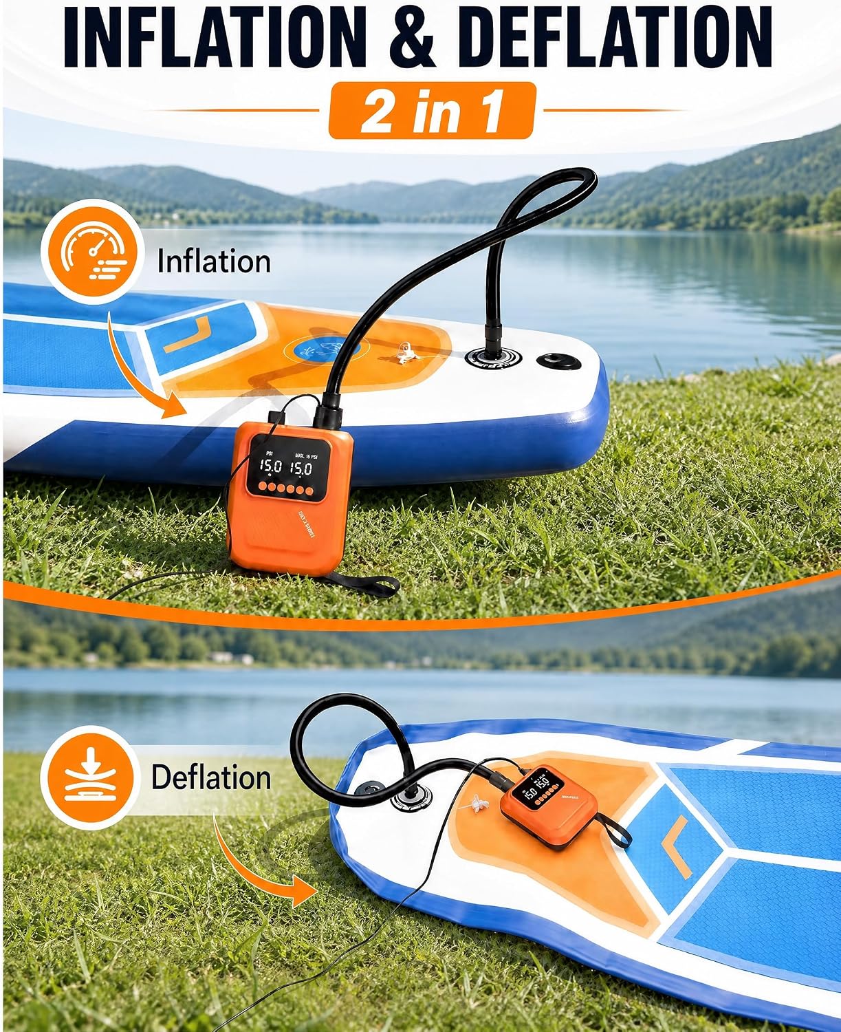 Detalle de Accwork Electric SUP Pump 20 PSI: 12V Car-Powered Dual-Stage Inflator with 7 Nozzles