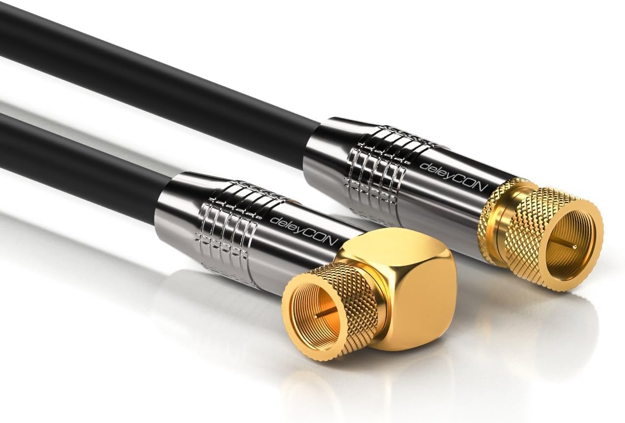 Detalle de DELEYCON 1,5 m SAT Antennenkabel Koaxialkabel F-Stecker 90° gewinkelt zu F-Stecker Gerade – HDTV/Full HD/4K, Schwarz