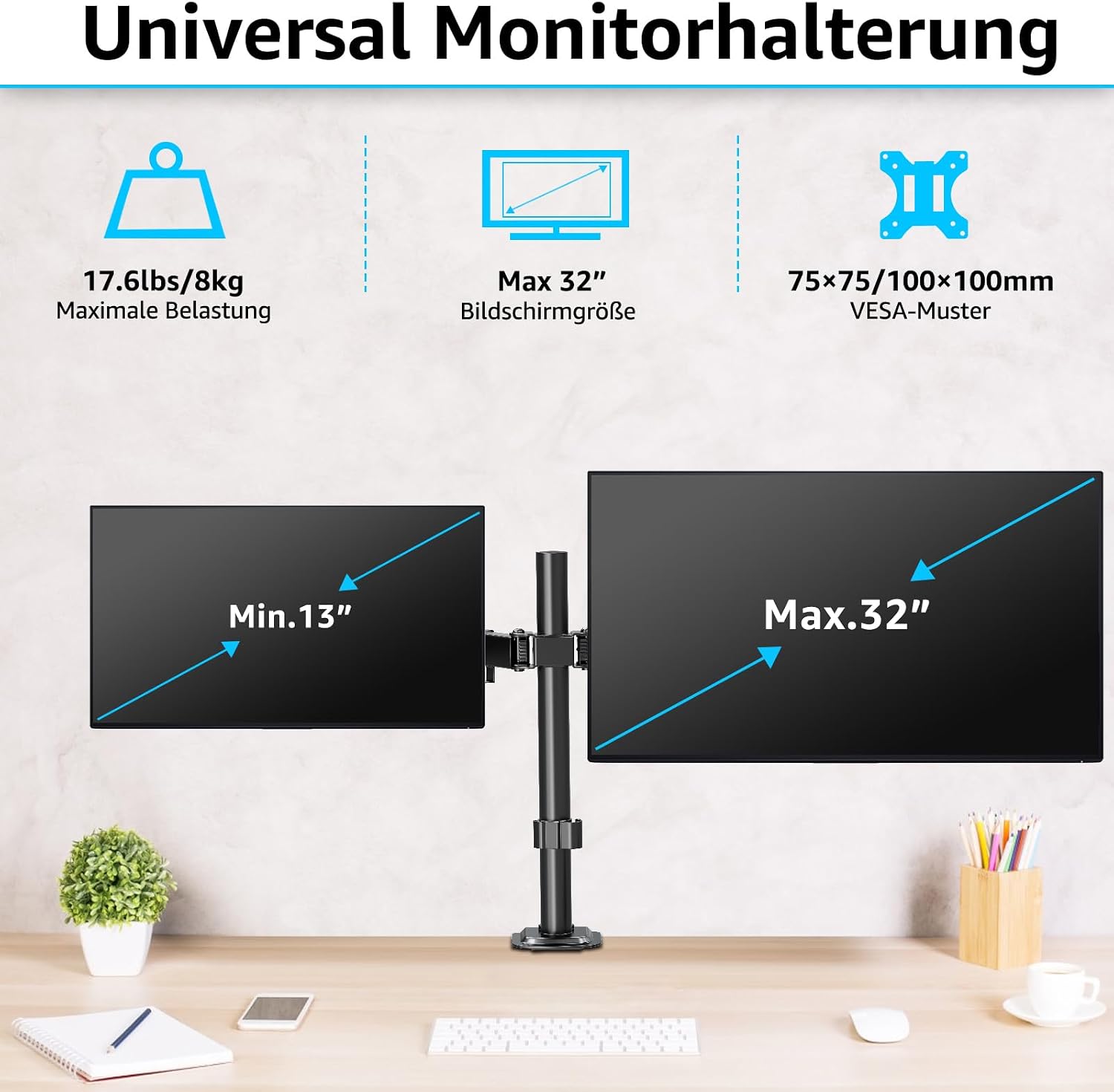 Detalle de MOUNTUP Monitor-Halterung Dual Arm EU0002 für 13–32" (flach & curved), VESA 75/100, bis 8 kg pro Arm