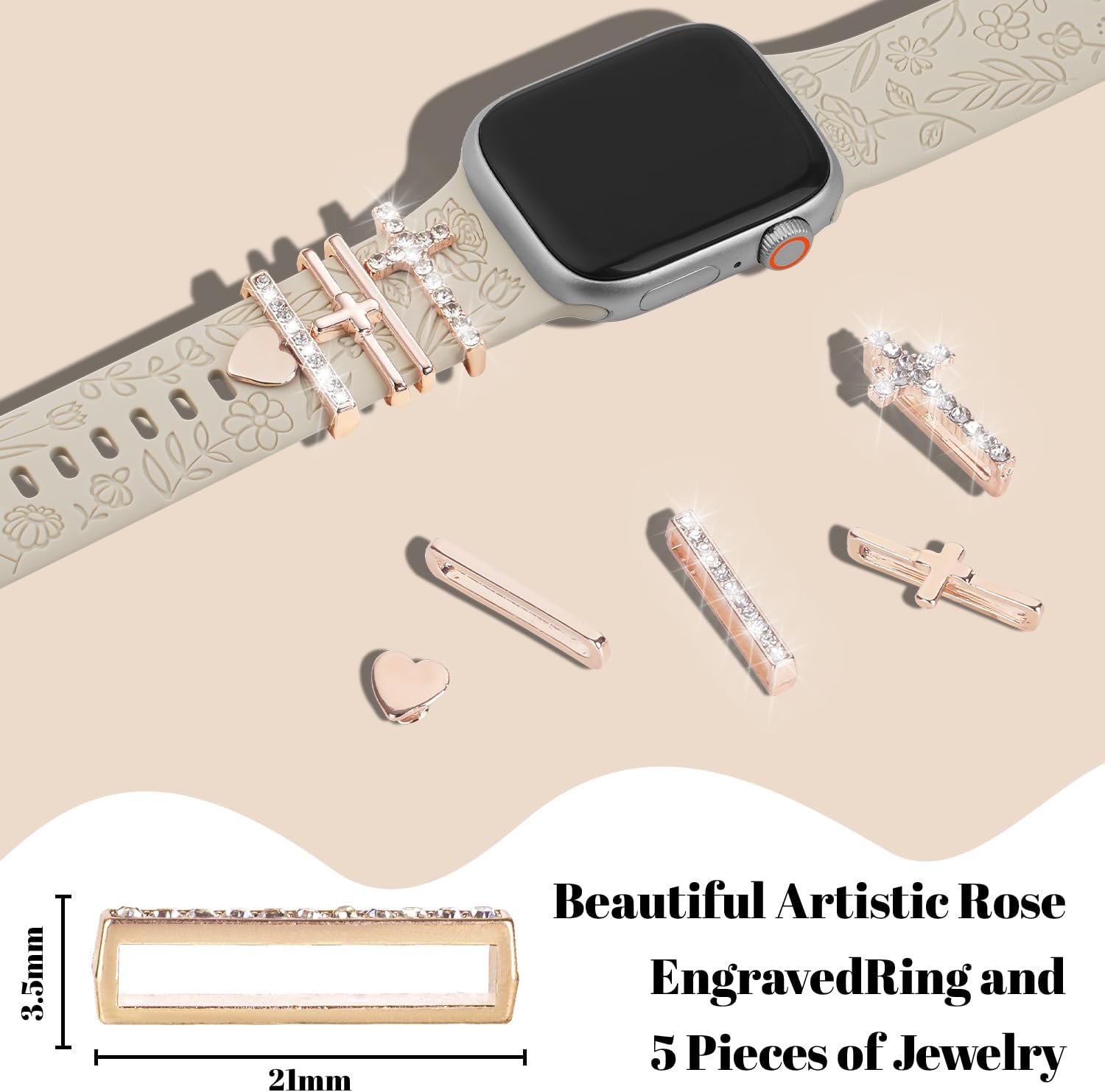 Thumbnail 3 de Designer Flower Engraved Strap with Charming Decoration for Apple Watch – 38–46mm