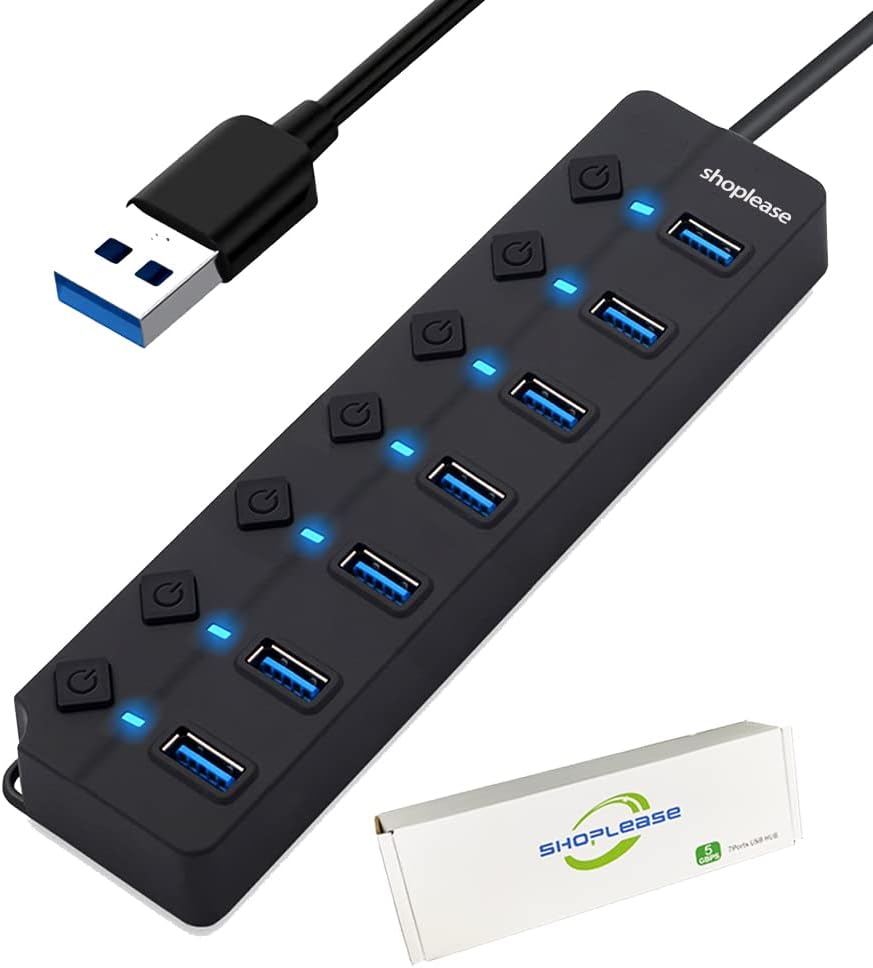 Detalle de shoplease S02 USB 3.0-hubb med 7 portar och individuella strömbrytare