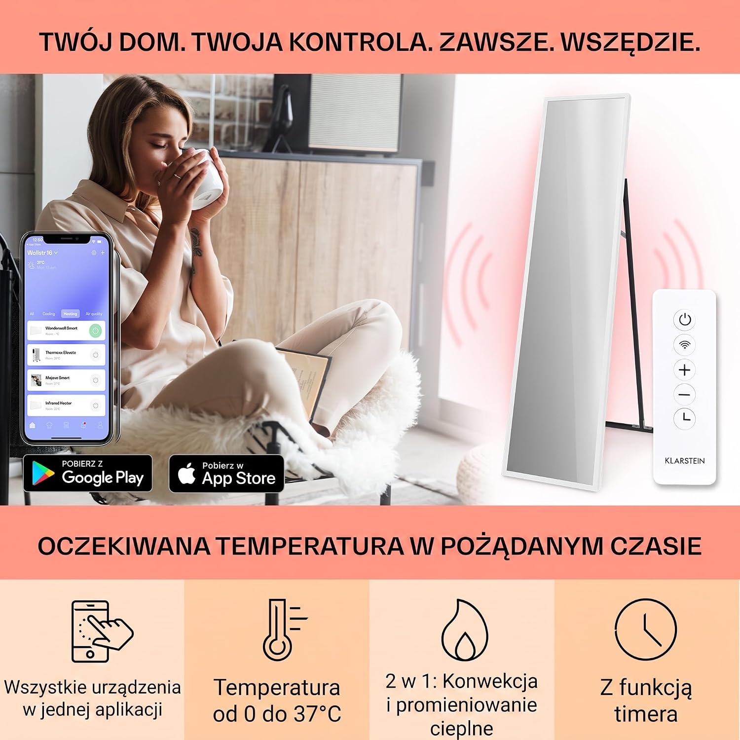 Detalle 2 de Klarstein La Palma – lustrzany grzejnik na podczerwień 900 W, IP24, Wi-Fi