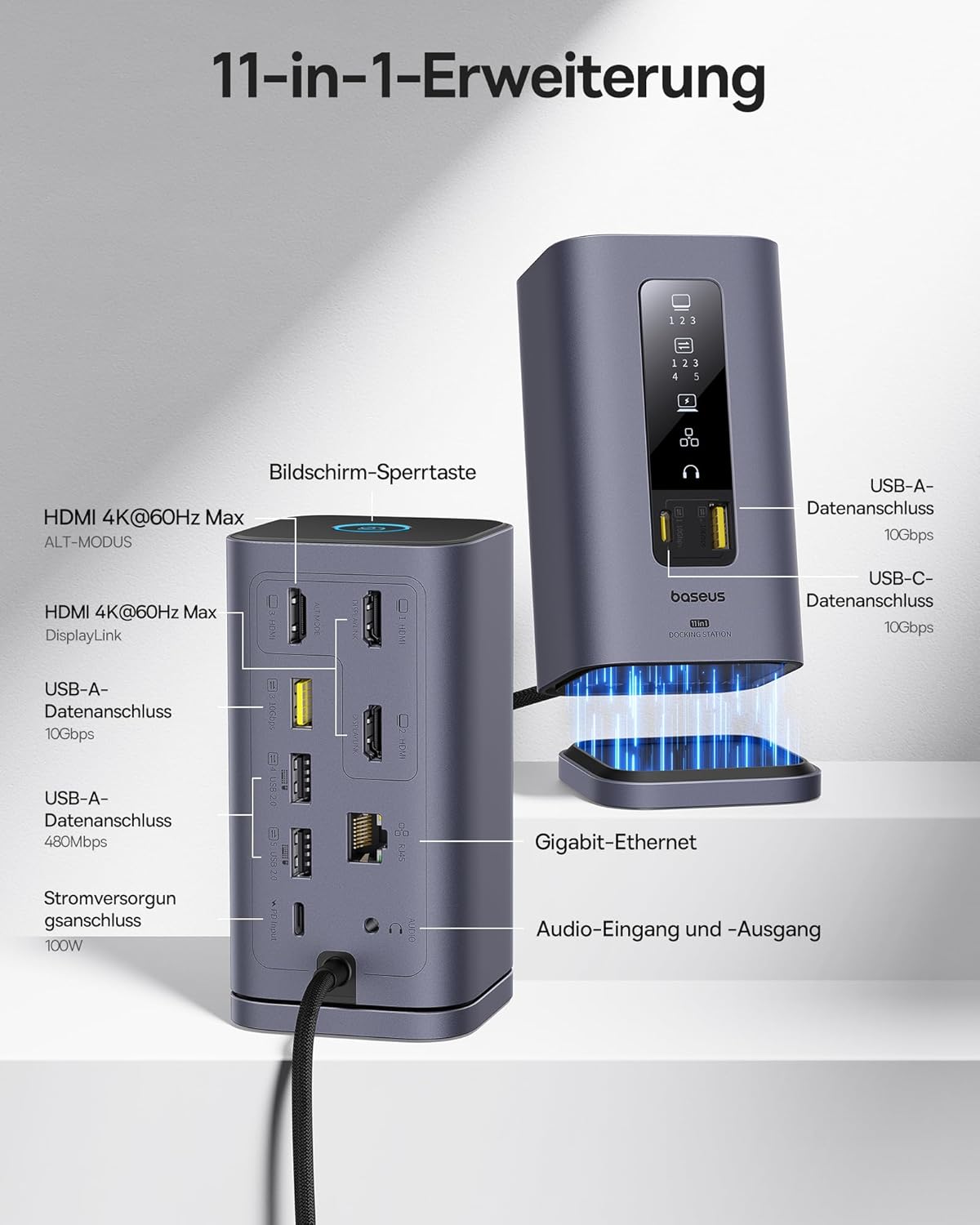 Thumbnail 1 de Baseus Spacemate USB-C Docking Station 11-in-1 für macOS (DisplayLink-Treiber erforderlich) – bis zu 3× 4K HDMI, 100W PD, Gigabit-Ethernet