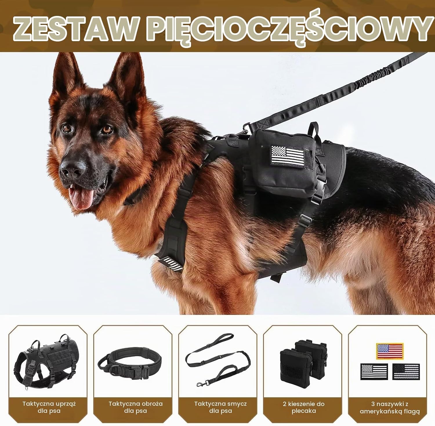 Detalle de Forestpaw taktyczna kamizelka dla psa L, czarna, z obrożą i smyczą bungee