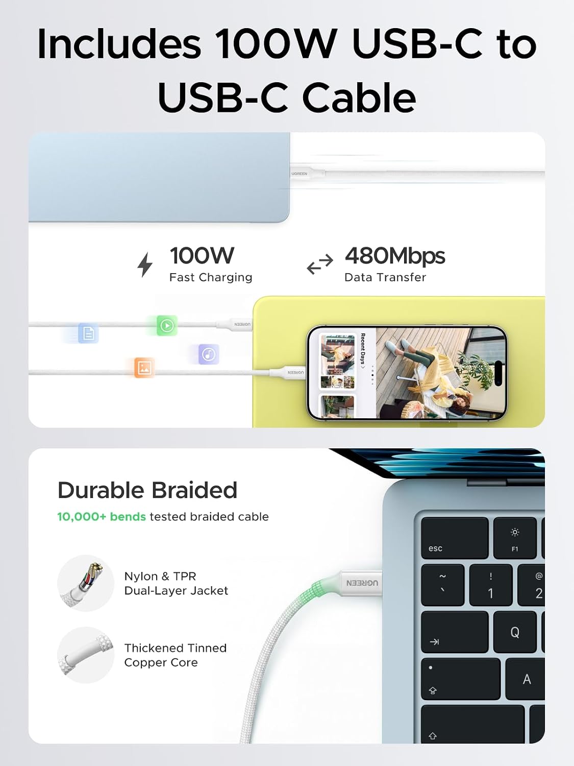 Detalle de UGREEN Nexode Air 65W USB C Charger with Cable (White) – Ultra Slim GaN Fast Charger
