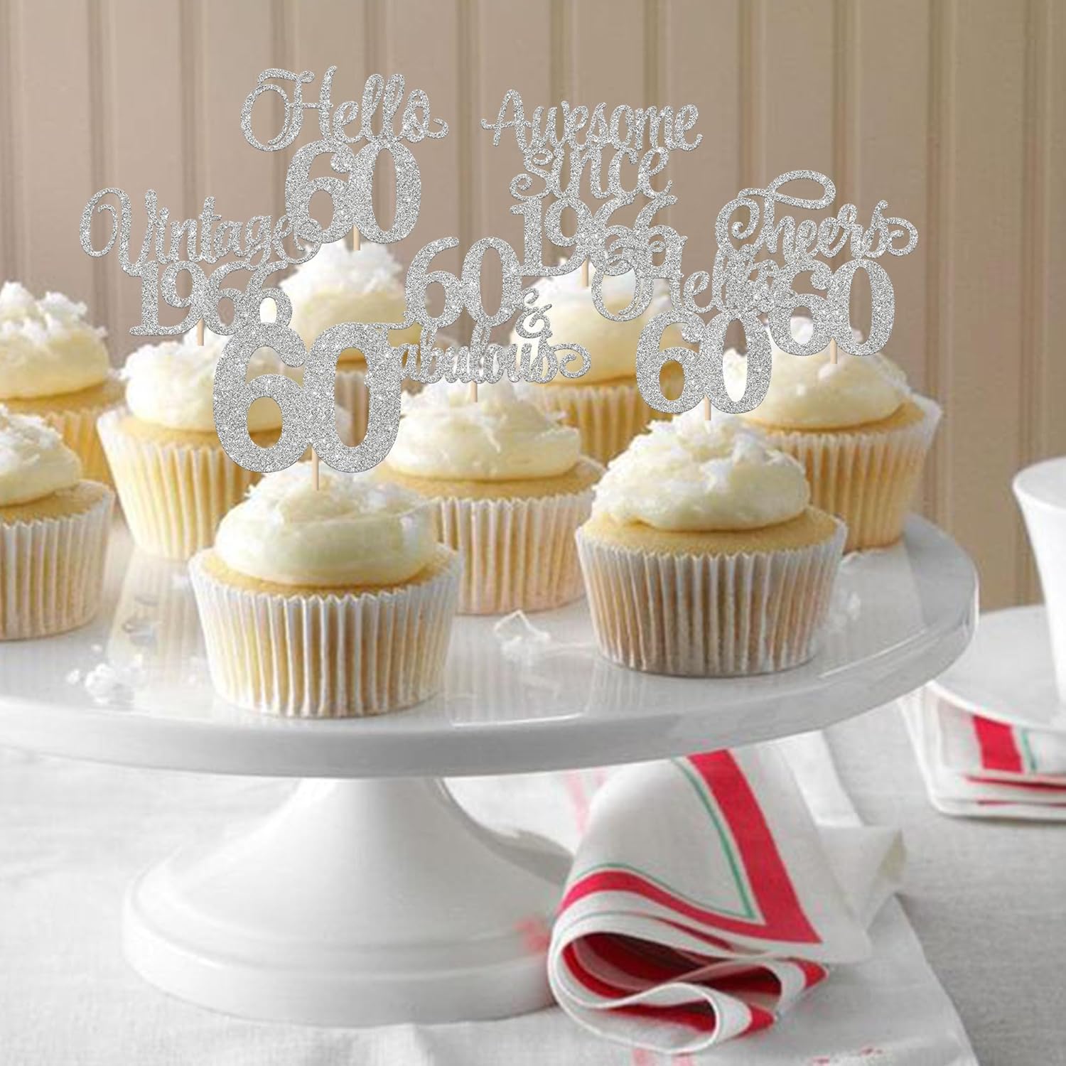 Detalle de Xsstarmi 24 Pack Vintage 1966 Cupcake Toppers Glitter Silver Hello 60 Fabulous Cupcake Picks