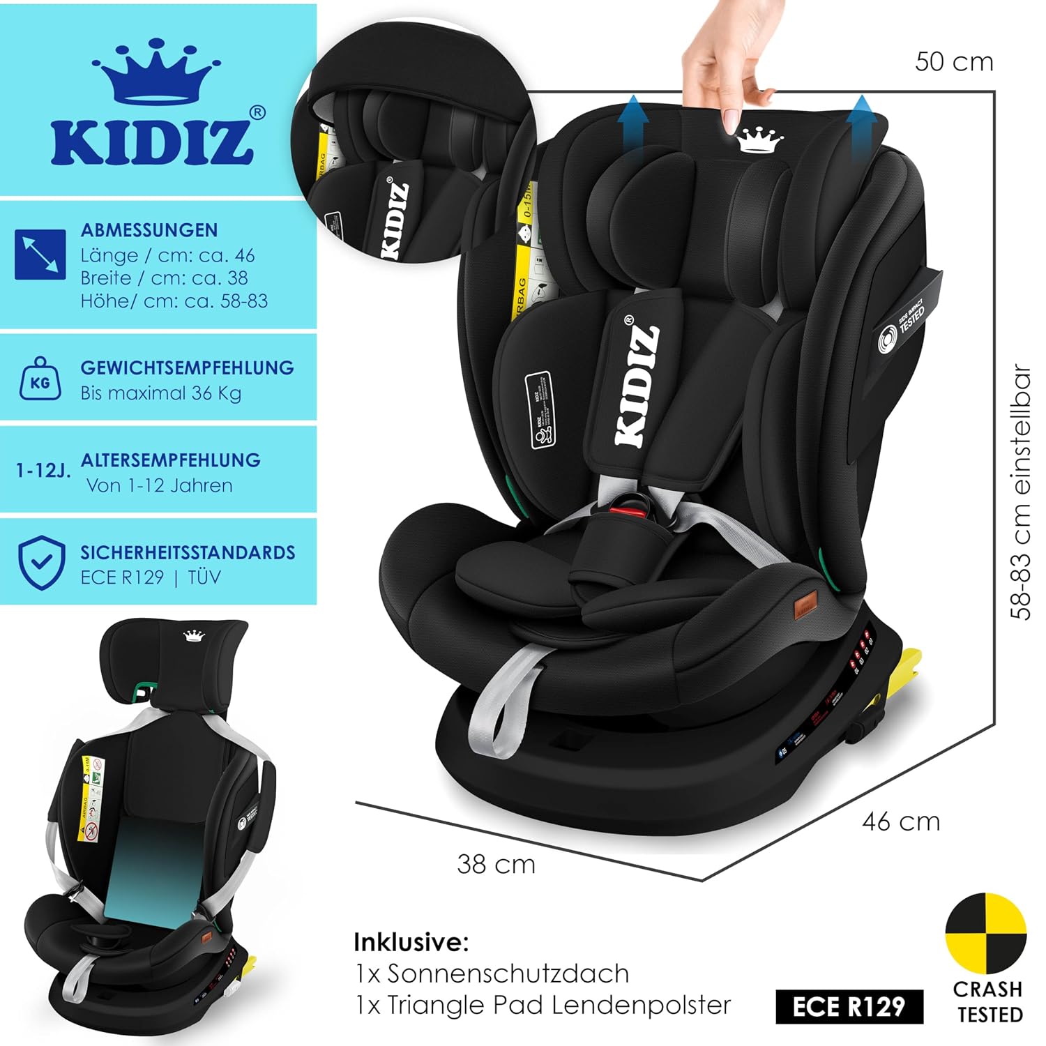 Thumbnail 6 de KIDIZ Autokindersitz mit ISOFIX i-Size R129 (100–150 cm) bis 12 Jahre, 5-Punkt-Gurt, höhenverstellbare Kopfstütze – Schwarz