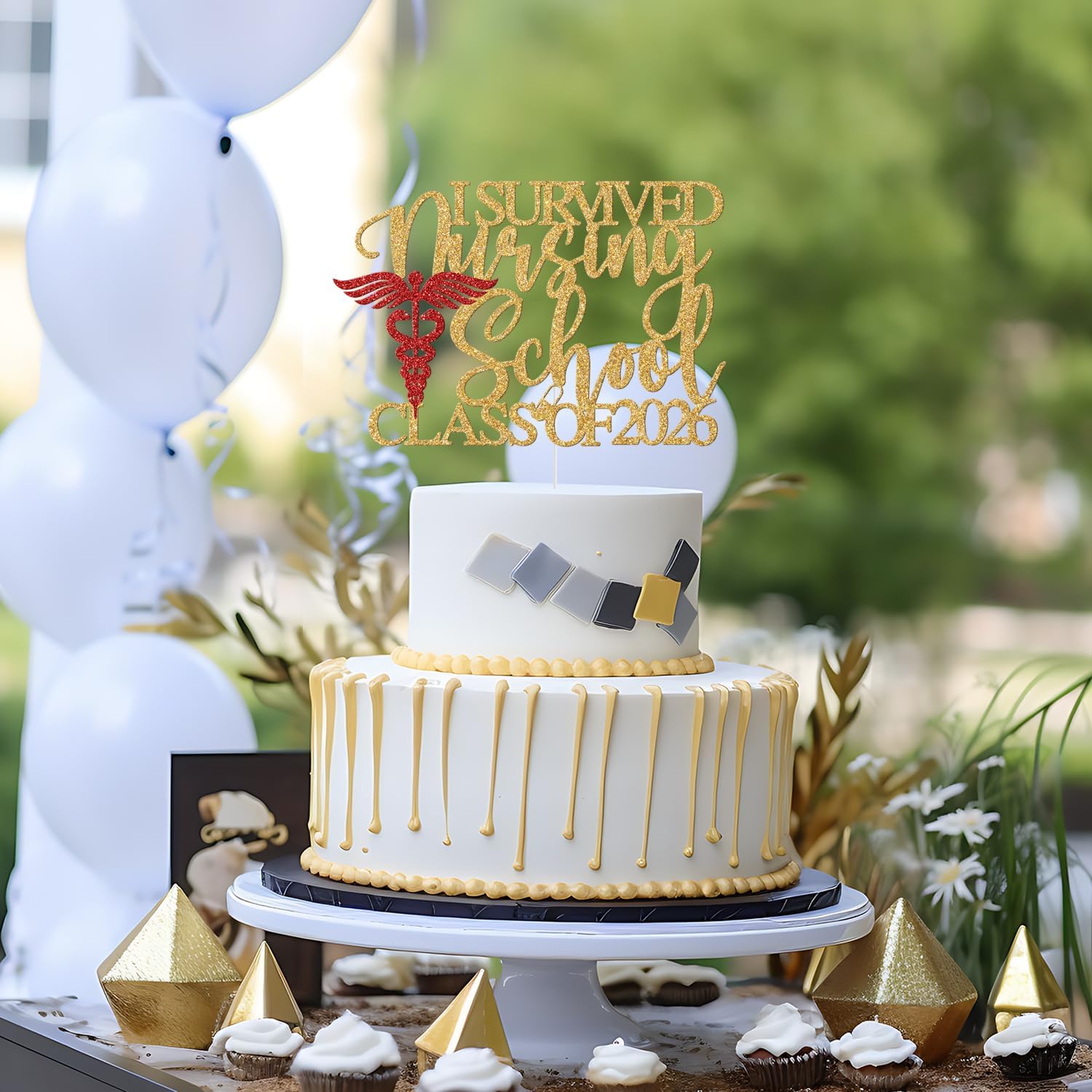 Detalle de Yotawebery I Survived Nursing School Cake Topper, Class of 2026, Gold and Red Glitter