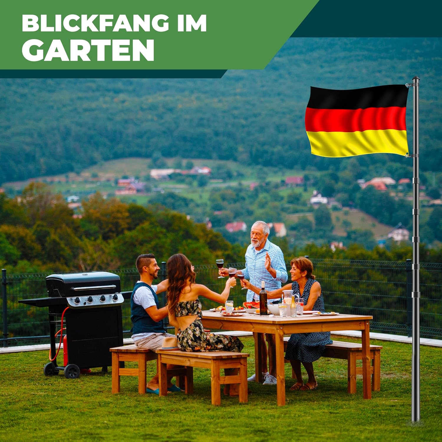 Thumbnail 6 de KESSER® Teleskop Fahnenmast aus Aluminium (6,30 m) mit Bodenhülse 60 cm – höhenverstellbar inkl. Deutschlandfahne, schwarz