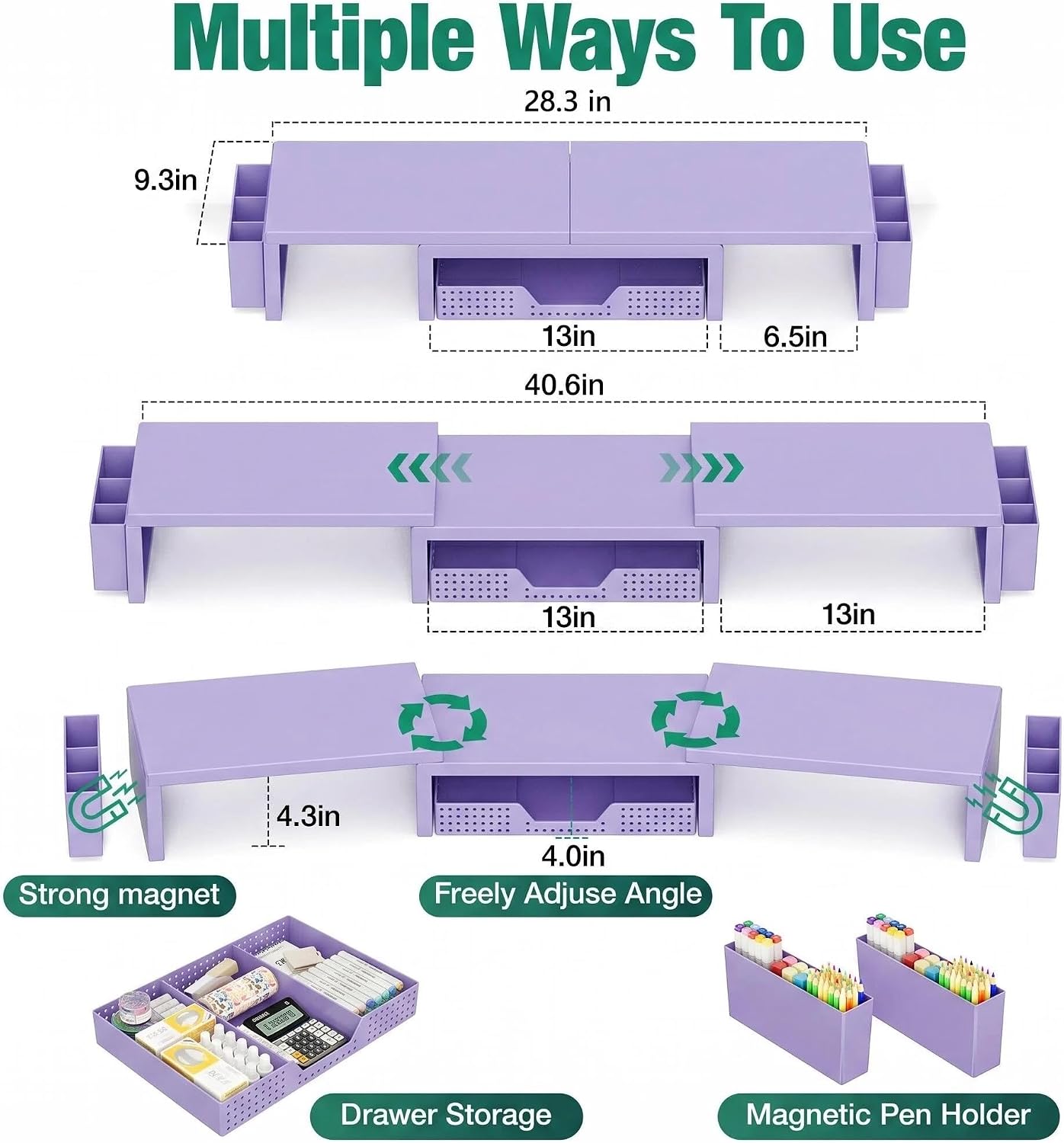Thumbnail 3 de OPNICE Monitor Stand Riser with Drawer, 2 Magnetic Pen Holders, Purple