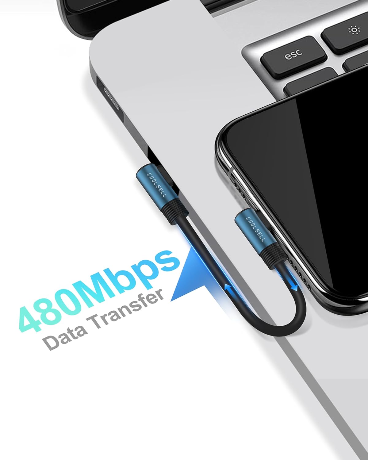 Detalle de COOLSELL Silicone Short USB-C Cable (90 Degree) – 60W fast charging, USB 2.0 data sync, 15cm