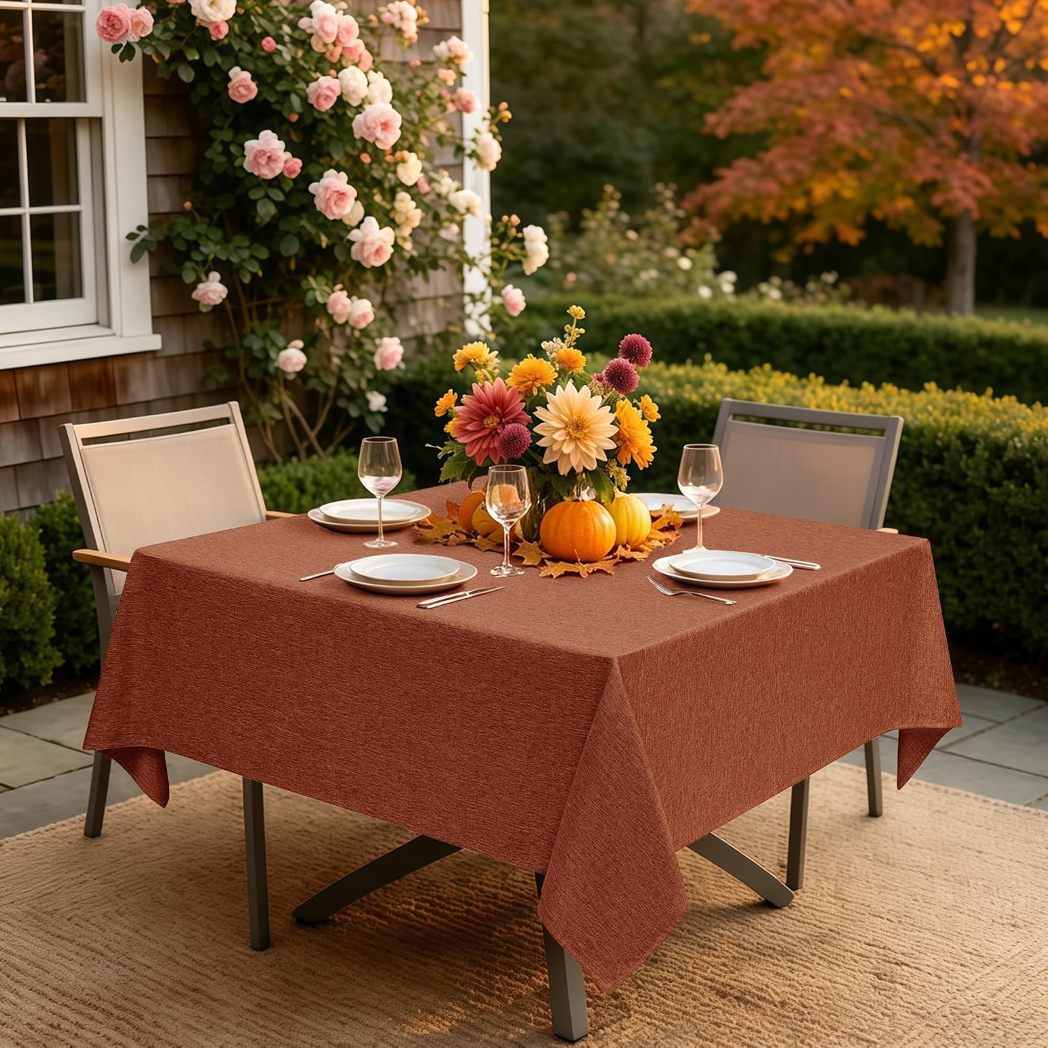 Thumbnail 1 de Decorelia Faux Linen Square Tablecloth, 52 x 52 Inch, Burnt Orange, Water-Resistant