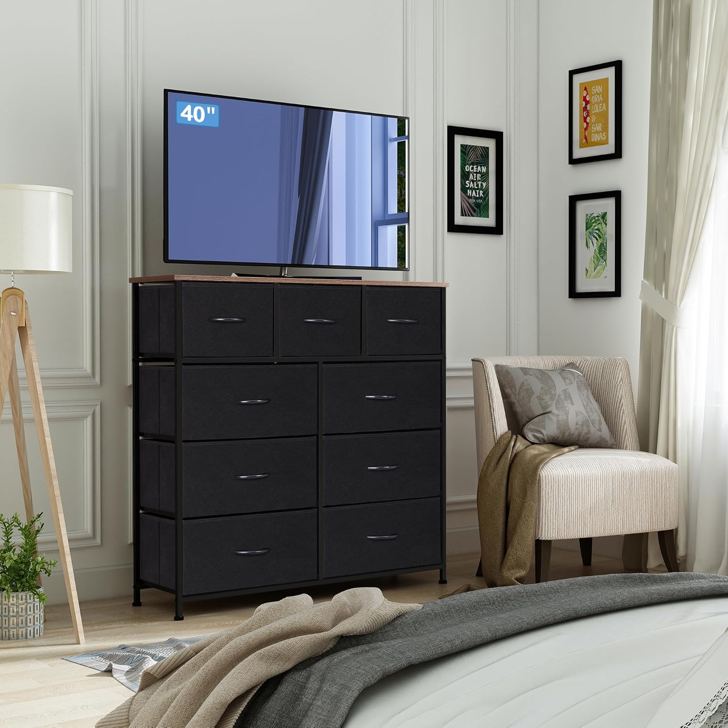 Detalle de LYNCOHOME 9 Drawer Fabric Chest of Drawers with Wood Top (Beige) – 100cm x 29.8cm x 100cm