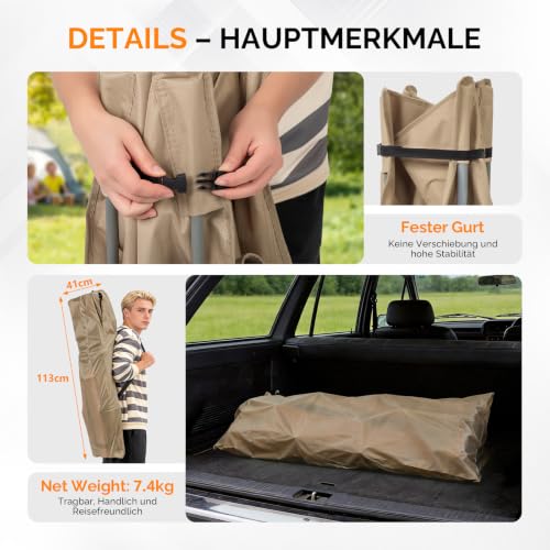 Detalle de Bonnlo Feldbett klappbar mit Matratze – XXL Campingbett 190 x 71 x 36 cm, verstärkte Stahlrohre, Oxford-Gewebe, Braun