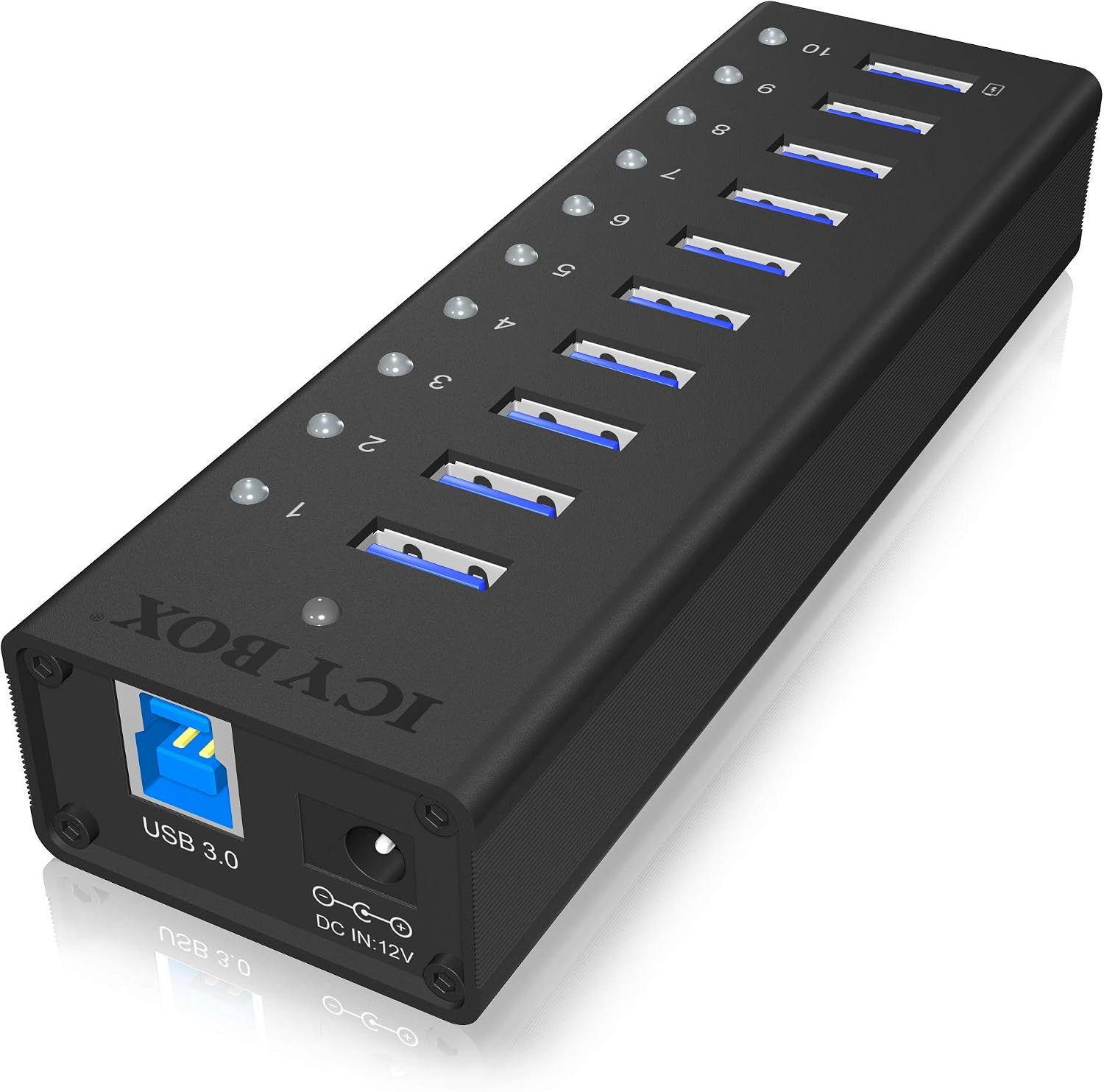 Detalle de ICY BOX IB-AC6110 10-fach USB-3.0-Hub mit Netzteil (12V/4A) und Ladeport, Voll-Aluminium in Schwarz