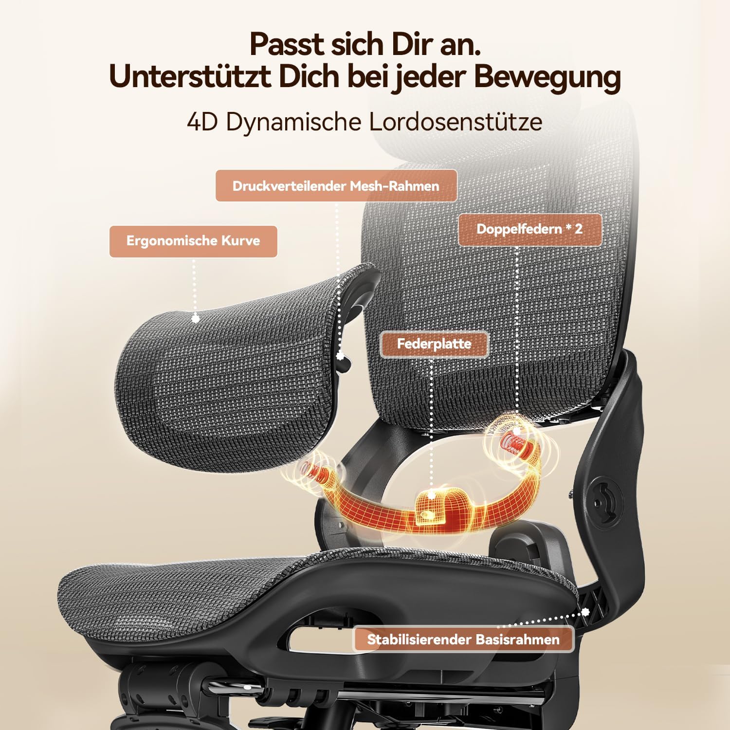 Detalle 2 de SIHOO B100 Ergonomischer Bürostuhl – dynamische Lendenstütze, breite Kopfstütze und klappbare Armlehnen