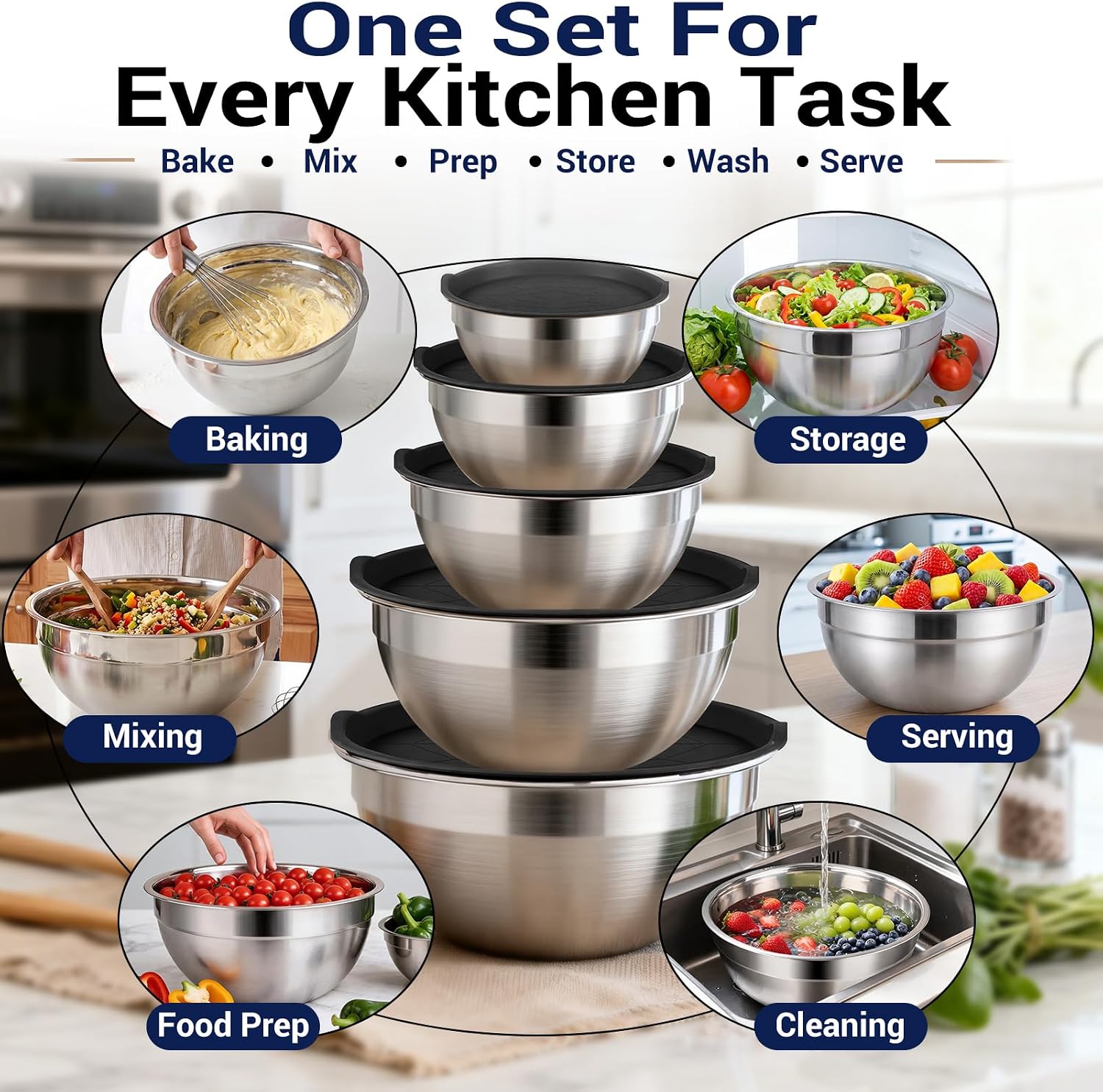 Thumbnail 6 de WEPSEN 25-Piece Stainless Steel Mixing Bowls Set with Lids (5 Sizes) and Measuring Tools
