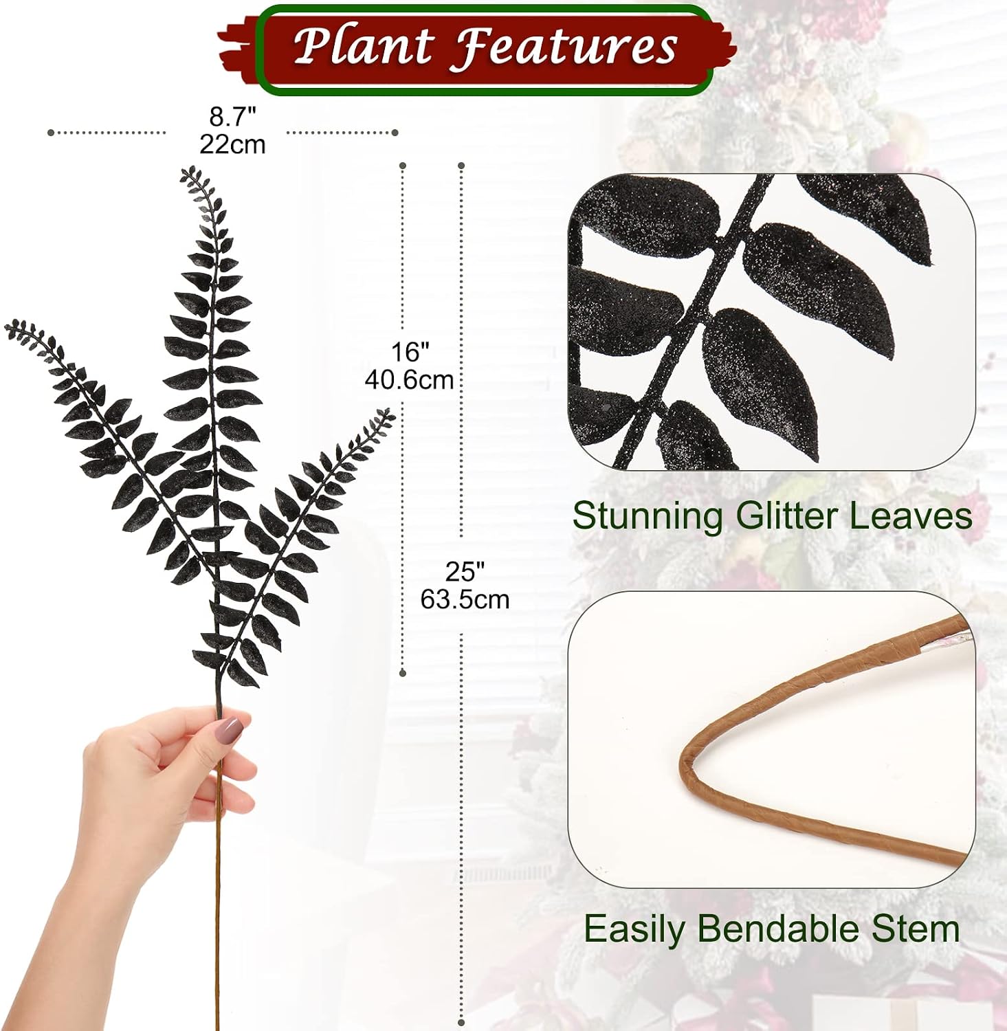 Detalle de 6PCS Christmas Glitter Leaves 63cm