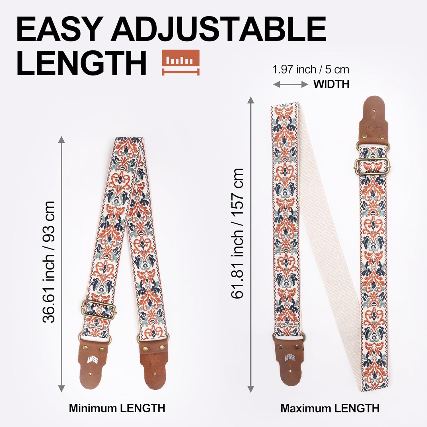Detalle de MOOZAK GS30 Guitar Strap, White Jacquard Cotton, Adjustable 93–157 cm