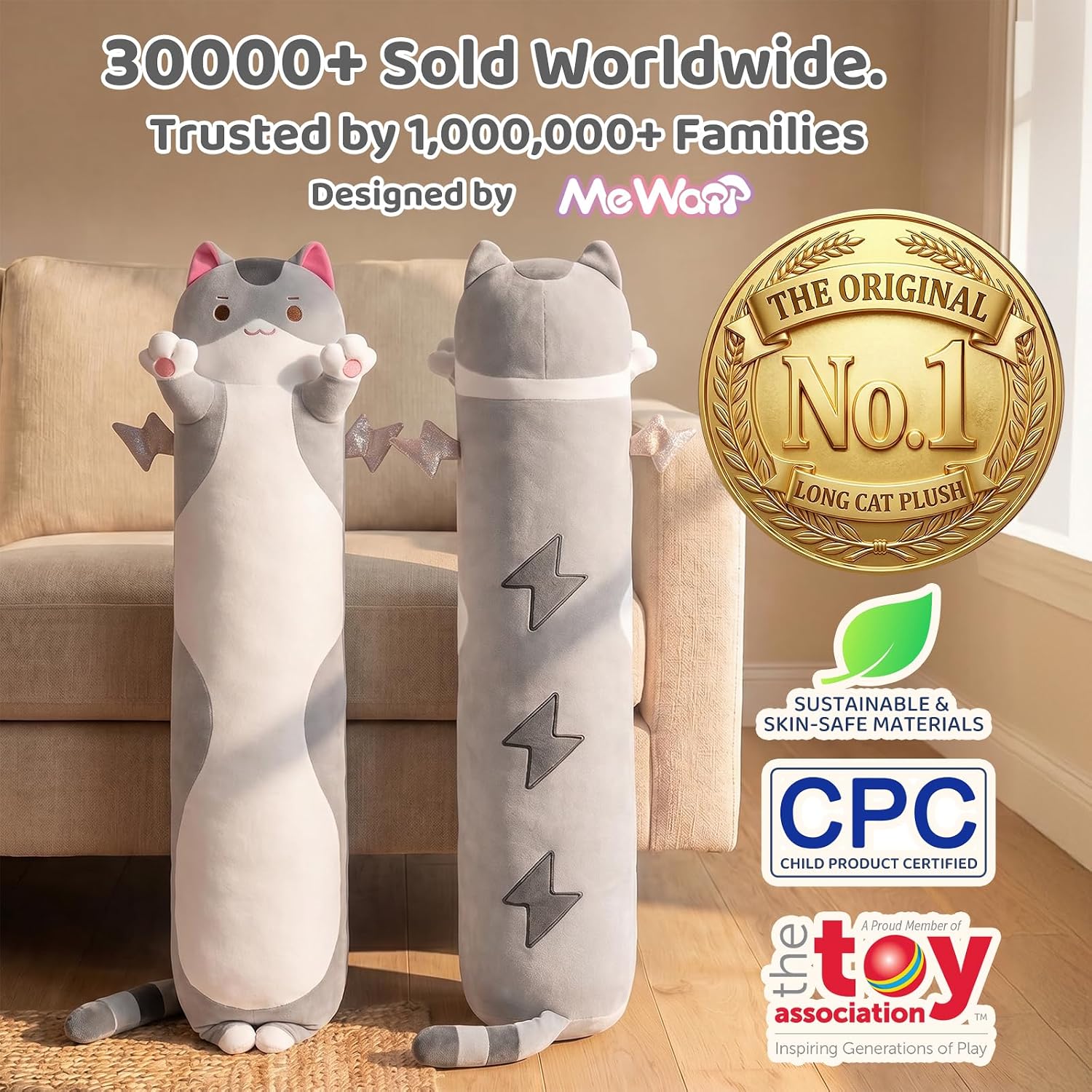 Thumbnail 1 de Mewaii Long Cat Plush 36” Giant Plush Body Pillow (5 Sizes, Extra-Filling) - Cute Grey Cat Cuddle Pillow