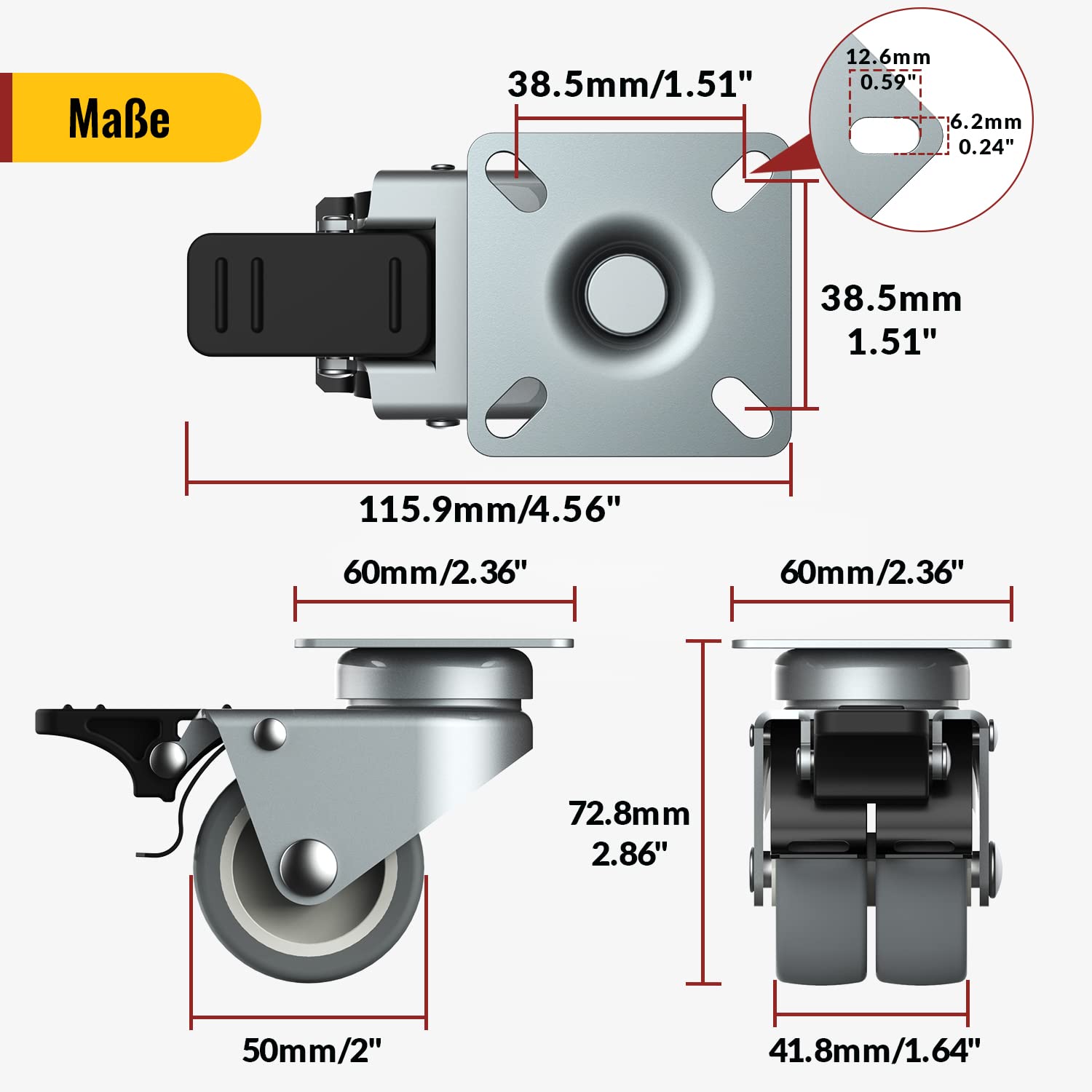 Thumbnail 1 de 50 mm Möbelrollen mit Sicherheitsbremse – 4er Set Schwerlastrollen (2 gebremst, 2 ohne) mit 400 kg Gesamtkapazität